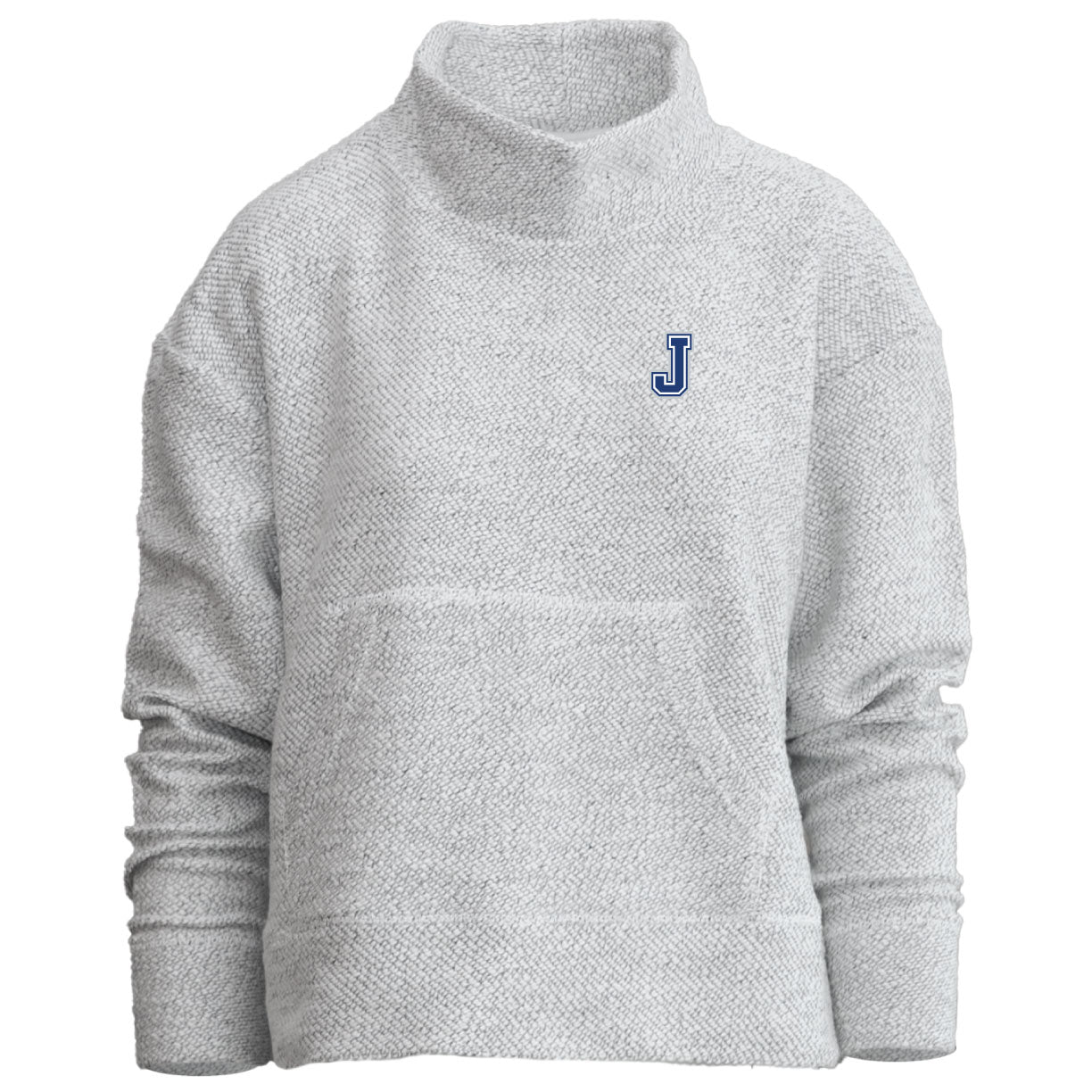 Camp David.
65% Cotton/35% Polyester French Terry.
Fabric provides an interesting texture and feel. Color is a white and light grey tweed. The cowl collar, cuffs and waistband are constructed of self-fabric. Kangaroo pocket detail.
J embroidered logo.