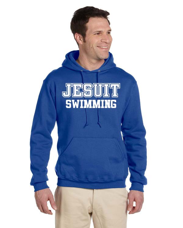Jerzees
50% Cotton/50% Polyester.
Heavy Blend Fleece Hoodie. Features double-lined hood, 1x1 ribbed cuffs and waistband with spandex, pouch pocket offers convenience & functionality and matching drawstring.
JESUIT SWIMMING LOGO.