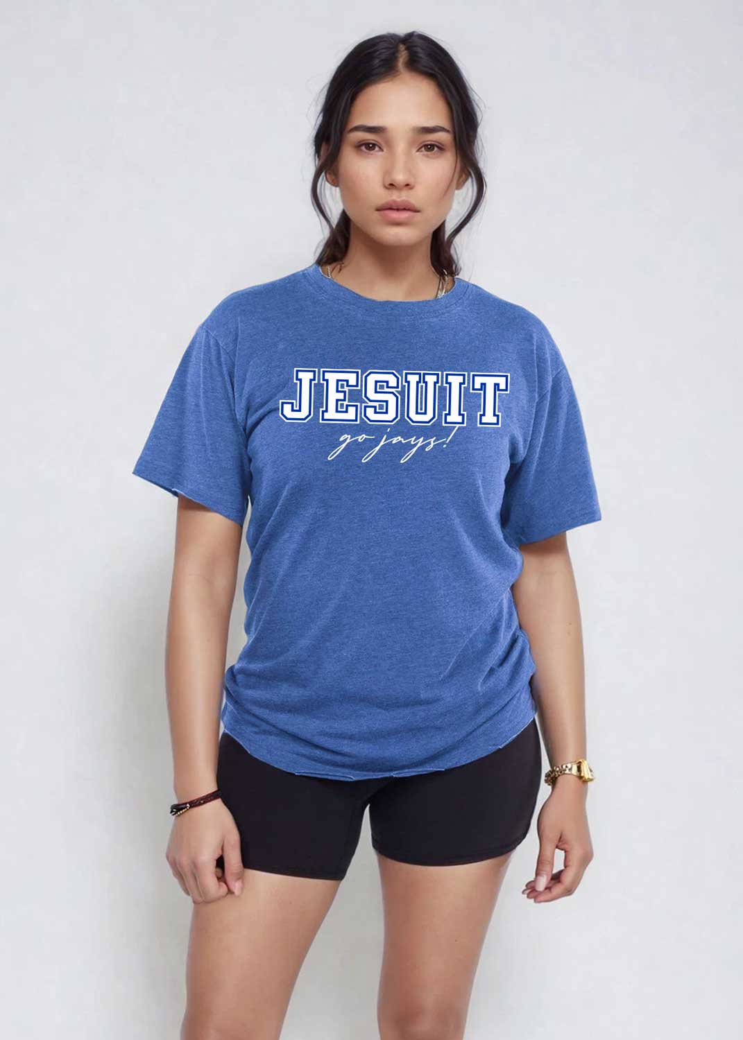 Chicka-d.
60% Cotton/40% Polyester vintage jersey.
An oversized and distressed tee. Soft and comfy!
Screen printed Jesuit Go Jays! logo