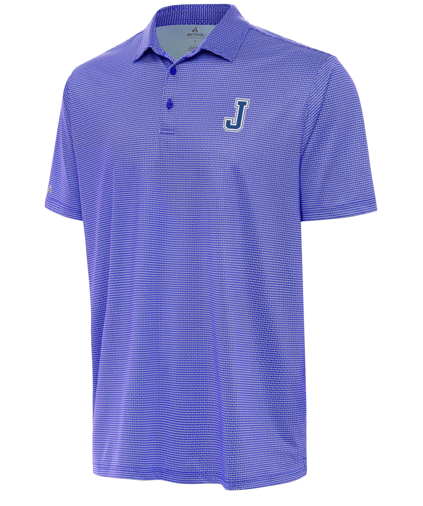 Antigua.
94% Polyester/6% Spandex.
This polo features an eye-catching, yet subtle geometric print. The poly-span fabric also provides moisture-wicking and four-way stretch. Poly sheen jersey fabric, sublimated rings print, matte logo buttons. Roomy fit.
J embroidered logo.