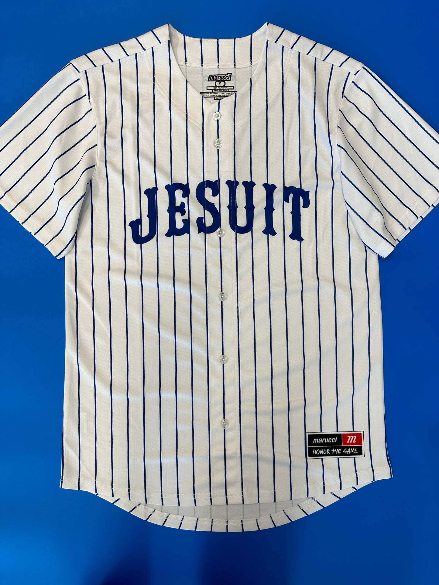 Marucci 100% Polyester Royal & White Stripe. Faux Button Jersey.