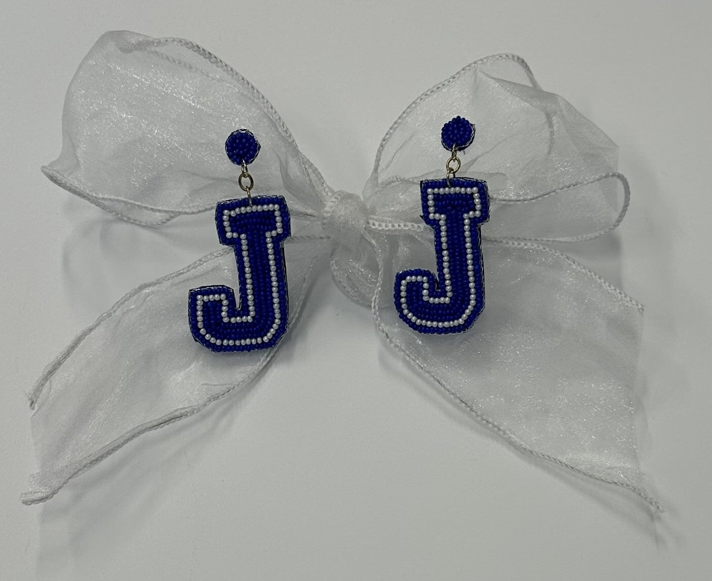 Beaded with felt back. J Drop Earrings w/comfort backs. J measures 2".