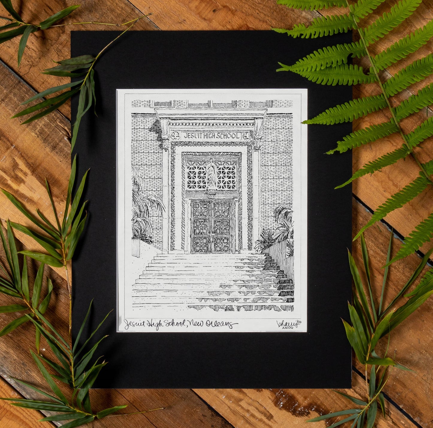 BHarris Art. Fine art print on delicately textured watercolor paper, which nicely compliments the elegance of the original pen & ink drawing. Includes black mat. All exterior mat sizes conveniently fit standard frames (8" x 10", 11" x 14", 16" x 20"). Artwork by JHS alumnus, Billy Harris '86.