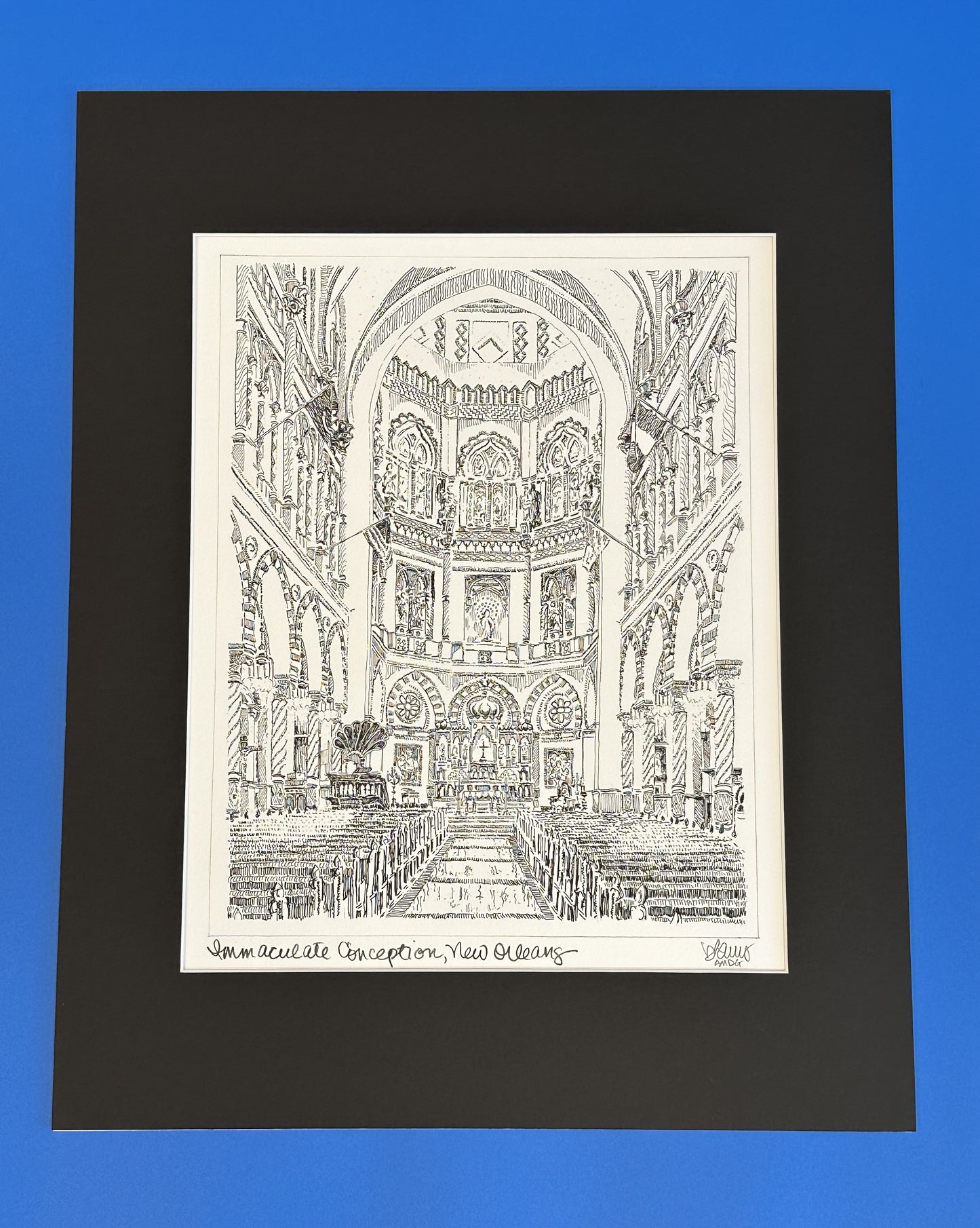 BHarris Art. Fine art print on delicately textured watercolor paper, which nicely compliments the elegance of the original pen & ink drawing. Includes black mat. All exterior mat sizes conveniently fit standard frames (16" x 20"). Artwork by JHS alumnus, Billy Harris '86.