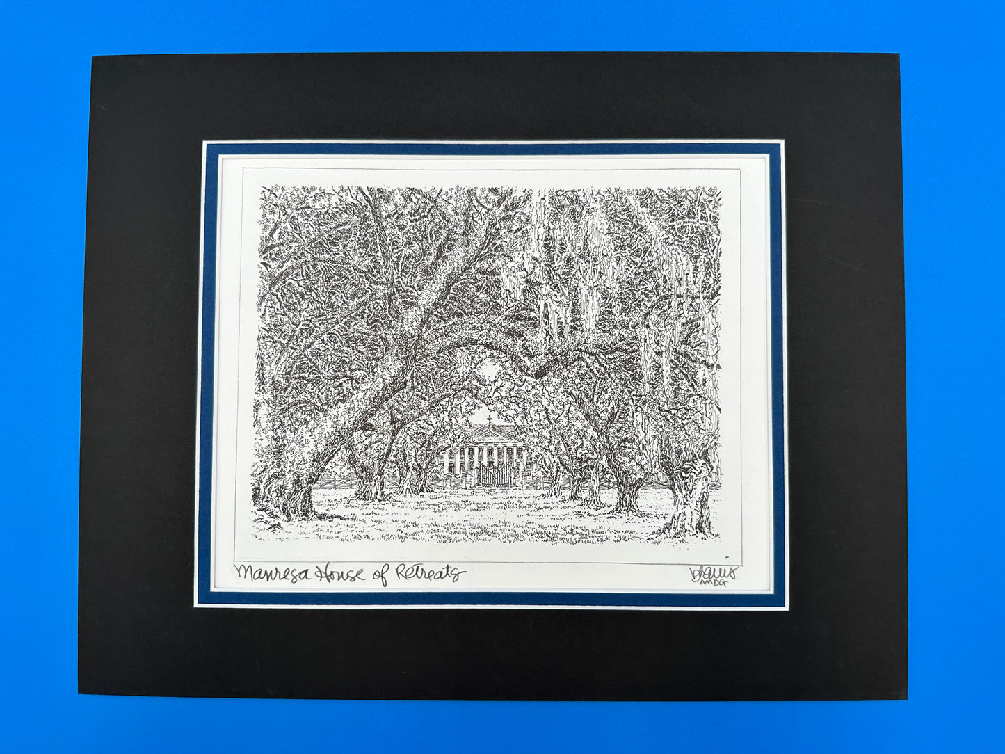 BHarris Art. Fine art print on delicately textured watercolor paper, which nicely compliments the elegance of the original pen & ink drawing. Includes black outer mat with blue inner mat. All exterior mat sizes conveniently fit standard frames (11" x 14"). Artwork by JHS alumnus, Billy Harris '86.