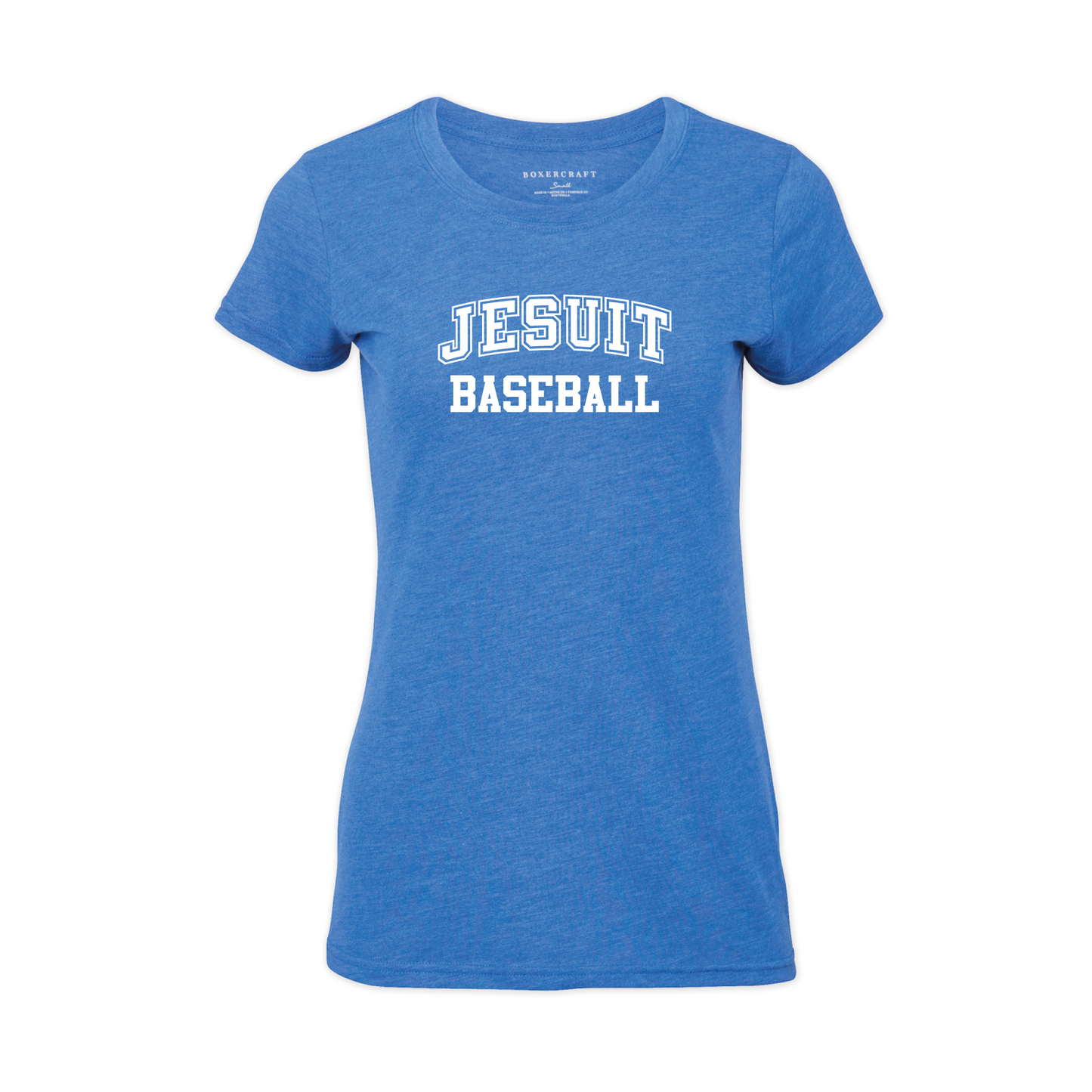 Boxercraft.
50% Polyester/38% Cotton/12% Rayon.
Folded self-fabric neck opening. Self-fabric neck tape.
Jesuit Baseball logo.