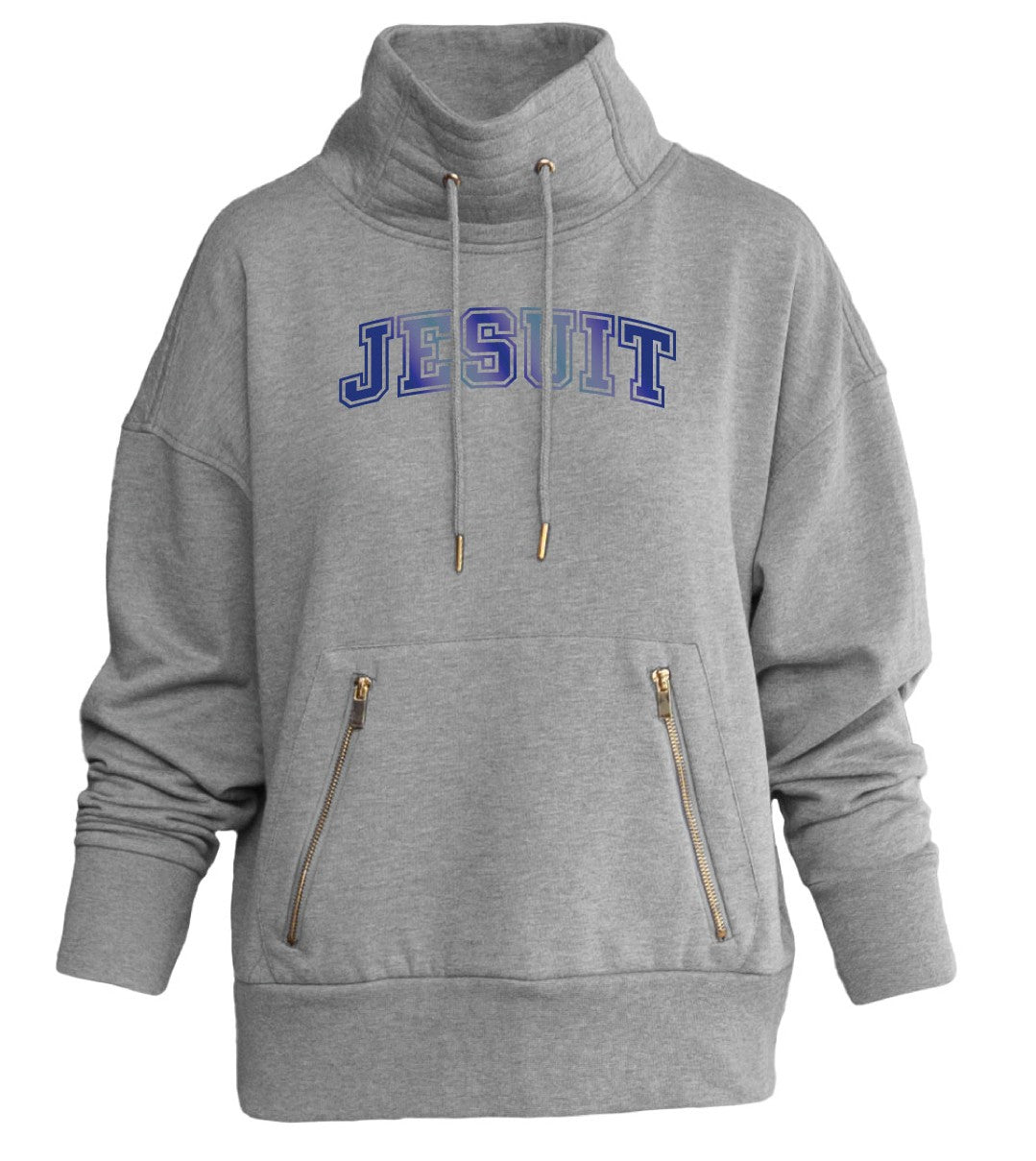 Camp David.
45% Polyester/43% Cotton/12% Rayon.
This Cascade Cowl in constructed in tri-blend fleece. Has a set on pouch pocket and ribbed trim at the cuff and waistband. Pouch pockets are elevated with gold tone zipper detail. The cowl neckline features a quilted detailing.
JESUIT logo - in Royal Blue Foil lettering.