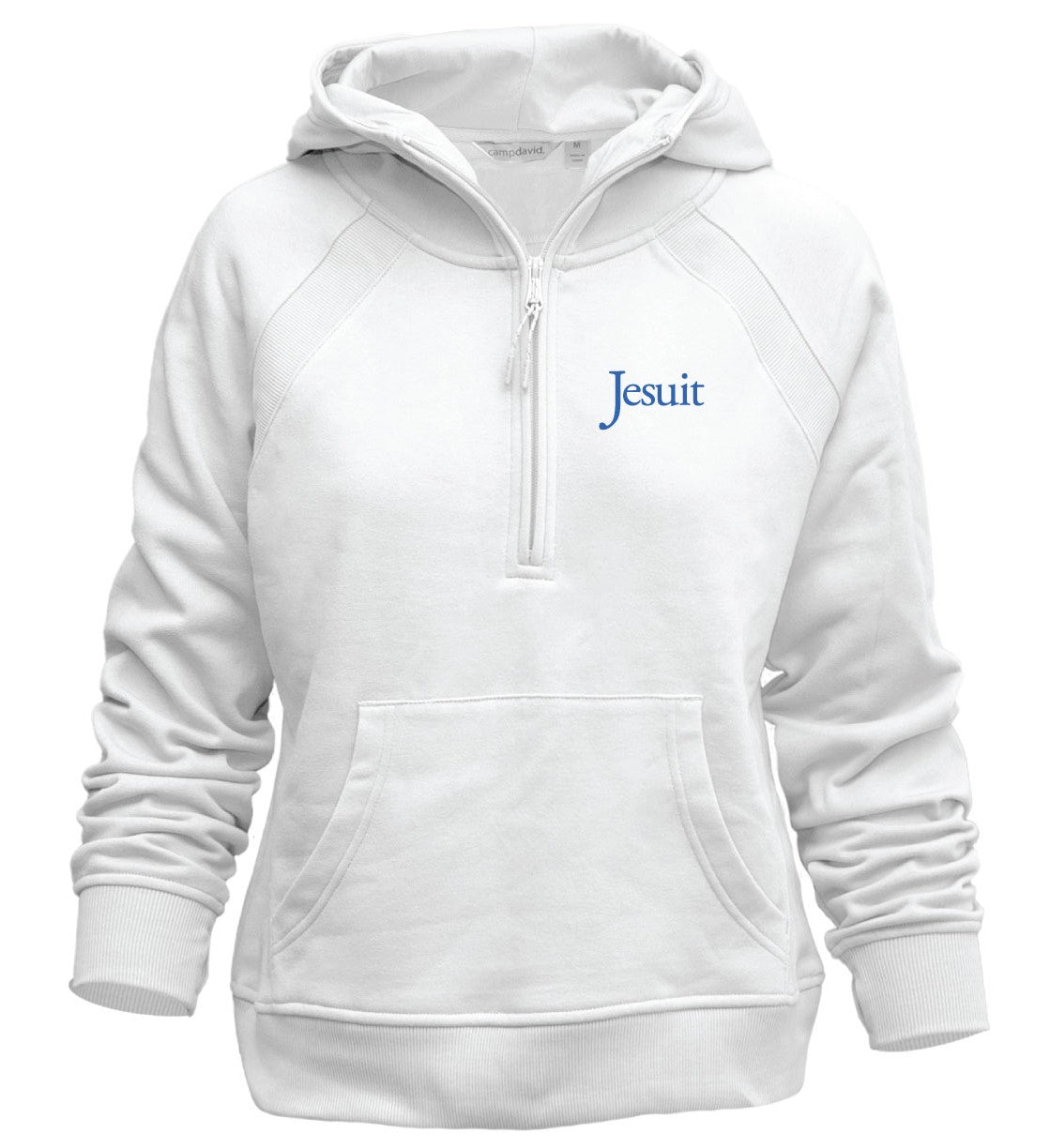 Camp David.
55% Cotton/45% Polyester brushed fleece.
This fresh & sporty 1/2 zip has raglan seams and is highlighted by using a 2x2 rib with texture. Has a kangaroo pocket along with a scuba hood.
Jesuit embroidered logo.