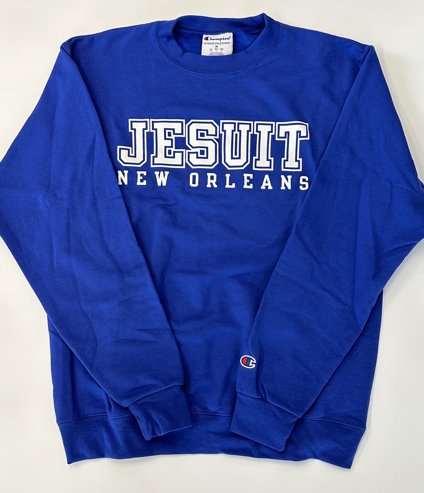Champion. Powerblend 50% Cotton/50% Polyester. Crew neck. Rib knit at neck, cuffs and waistband.