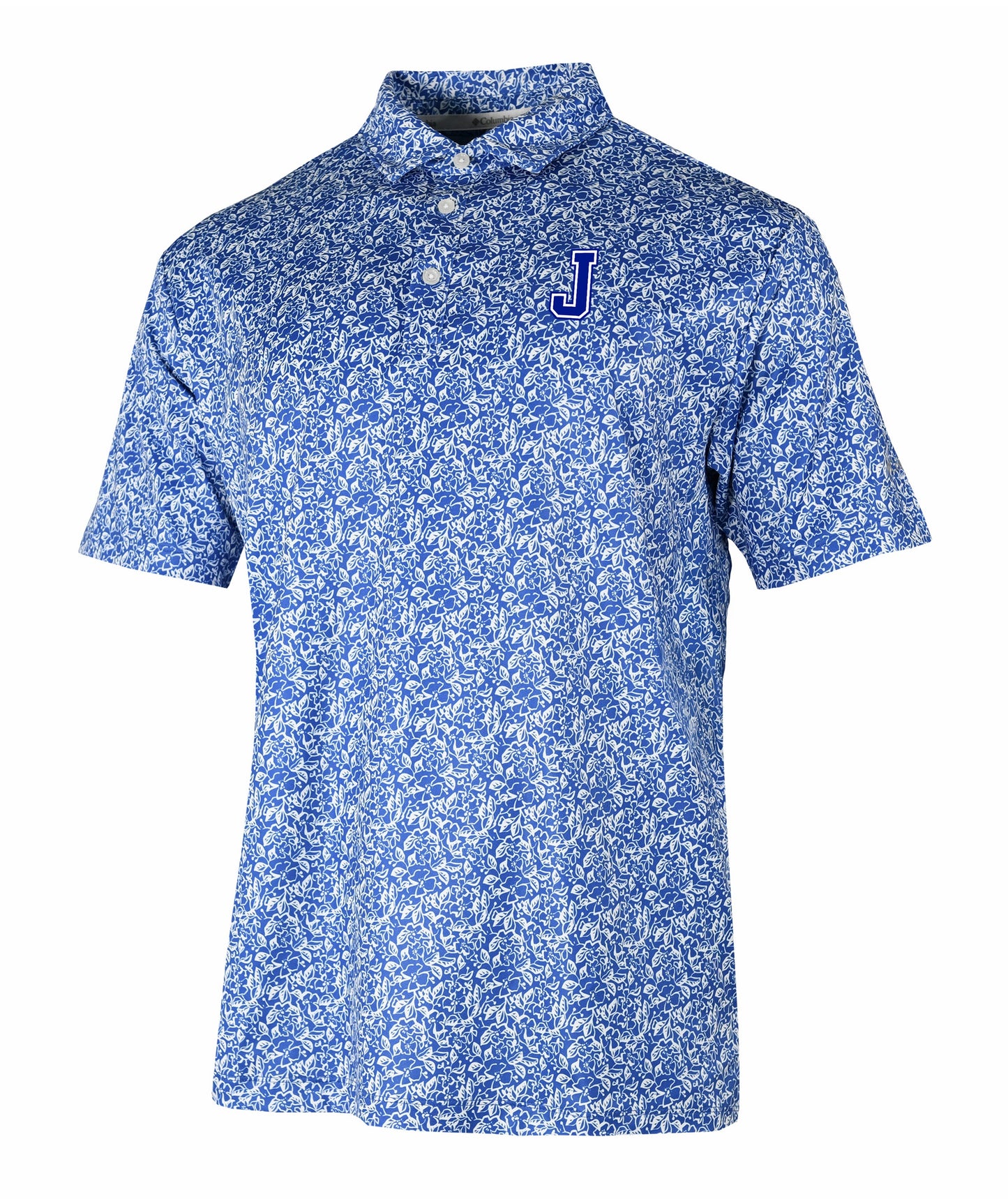 Columbia
92% Polyester/8% Spandex.
This polo features a royal blue & white floral print. OMNI-SHADE UPF 30 sun protection. Self-fabric collar with sewn in collar stays. Pearl finish buttons.
J embroidered logo.