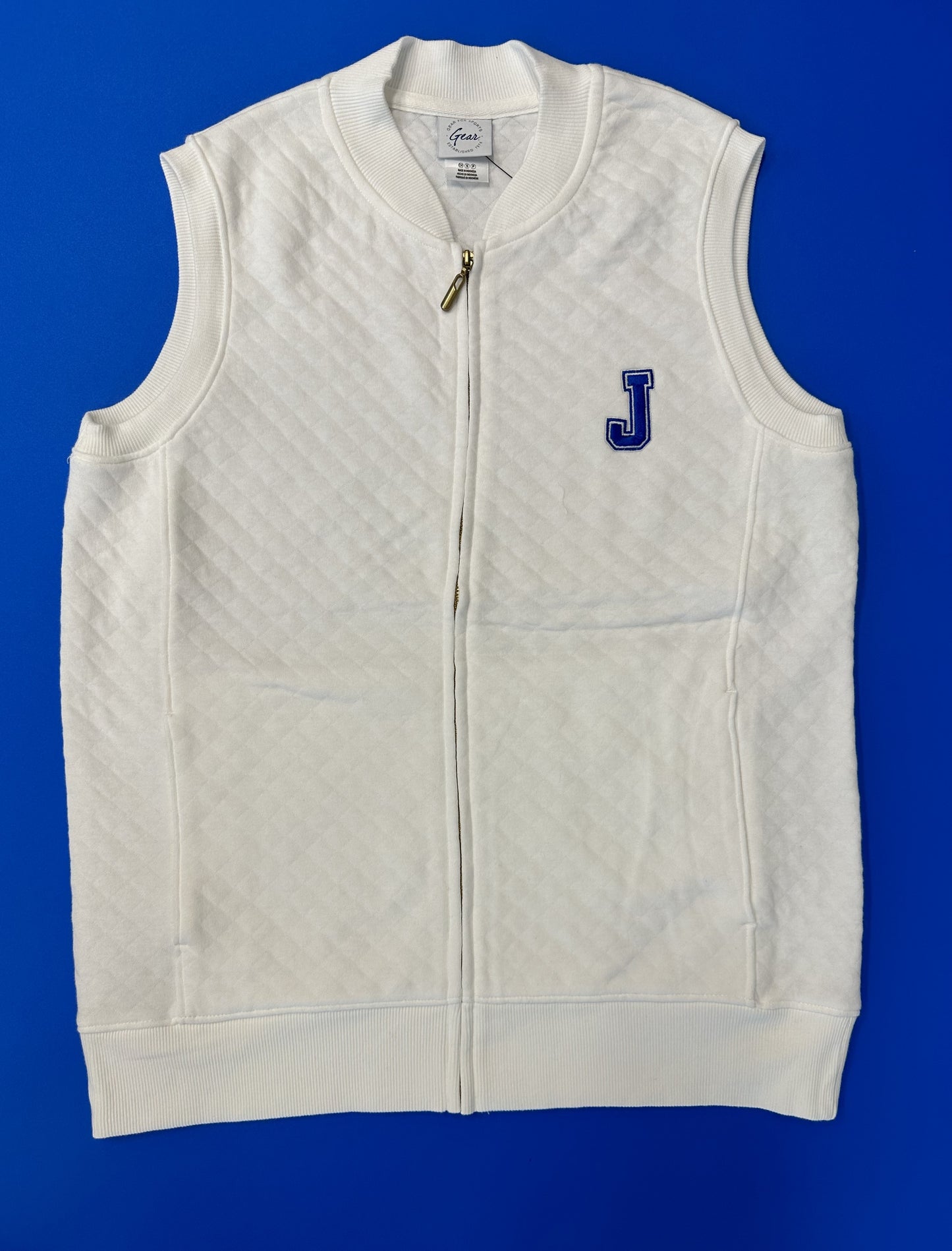 Gear for Sports. 100% Cotton w/100% Polyester filling. Ribbed Baseball collar, armhole & waist, side panels w/on-seam pockets. Embroidered J logo.