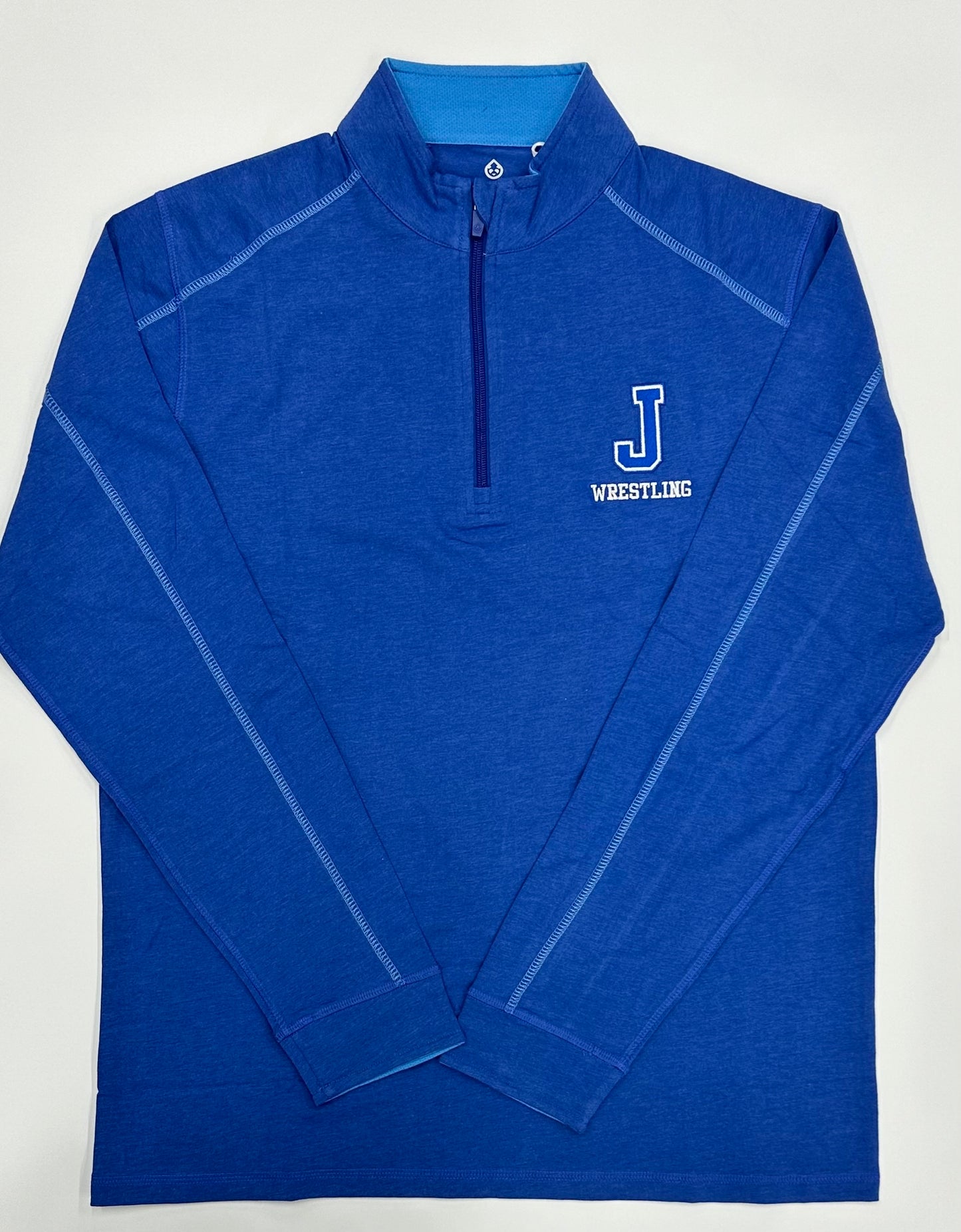 Tasc Performance.
51% Organic Cotton/41% Viscose from Bamboo/8% Lycra Spandex.
Lock down zipper with garage, contrast seaming, sleeve cuffs, 30" length.
Embroidered J Wrestling logo.