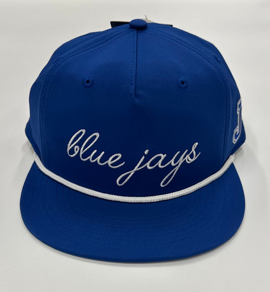 The Game.
97% Polyester/3% Spandex. One size fits most.
Flat bill baseball hat with performance 5-Panel gamechanger. Snapback with rope detail.
Blue Jays cursive logo with J logo on side.
