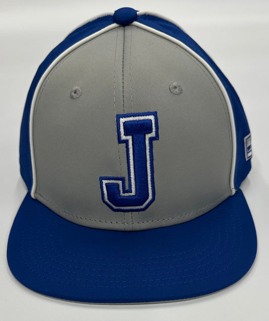 The Game.
97% Polyester/3% Spandex. YOUTH SIZE.  One size fits most.
Poly stretch performance fabric allows for maximum breathability and the vented side panels allow for air flow. Adjustable Velcro back. Blue/Grey/with white piping.
3D J embroidered logo.