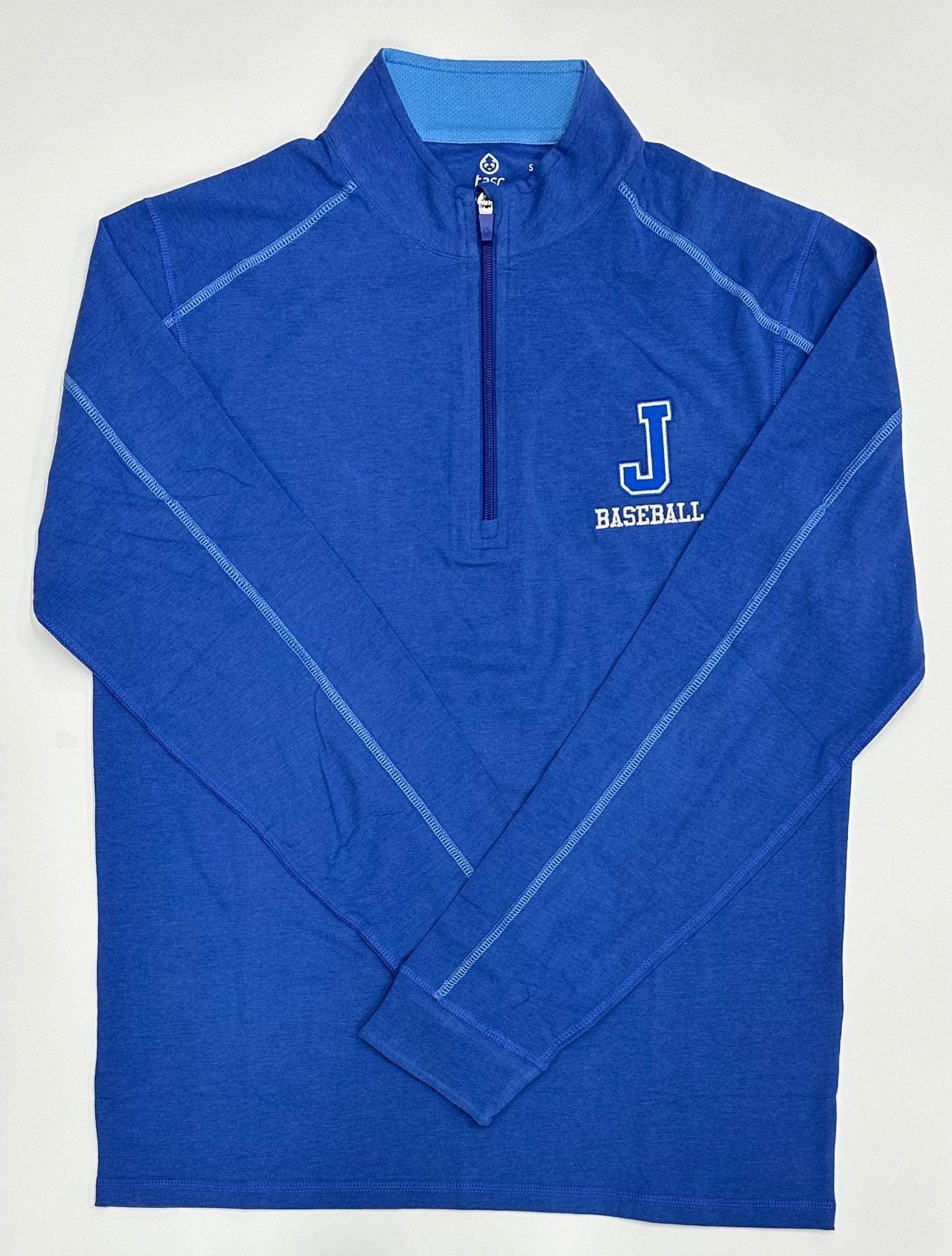 Tasc Performance.
51% Organic Cotton/41% Viscose from Bamboo/8% Lycra Spandex.
Lock down zipper with garage, contrast seaming, sleeve cuffs, 30" length.
Embroidered J Baseball logo (in White).