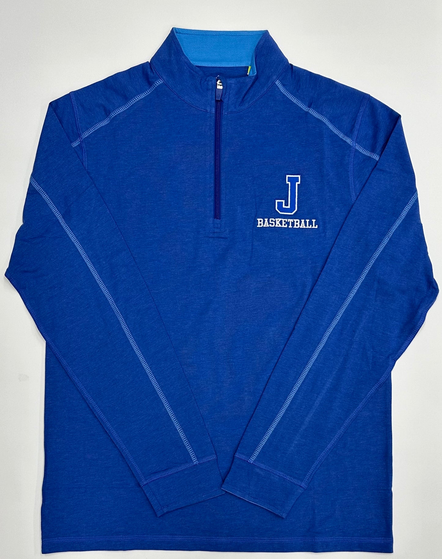 Tasc Performance.
51% Organic Cotton/41% Viscose from Bamboo/8% Lycra Spandex.
Lock down zipper with garage, contrast seaming, sleeve cuffs, 30" length.
Embroidered J Basketball logo (in White).