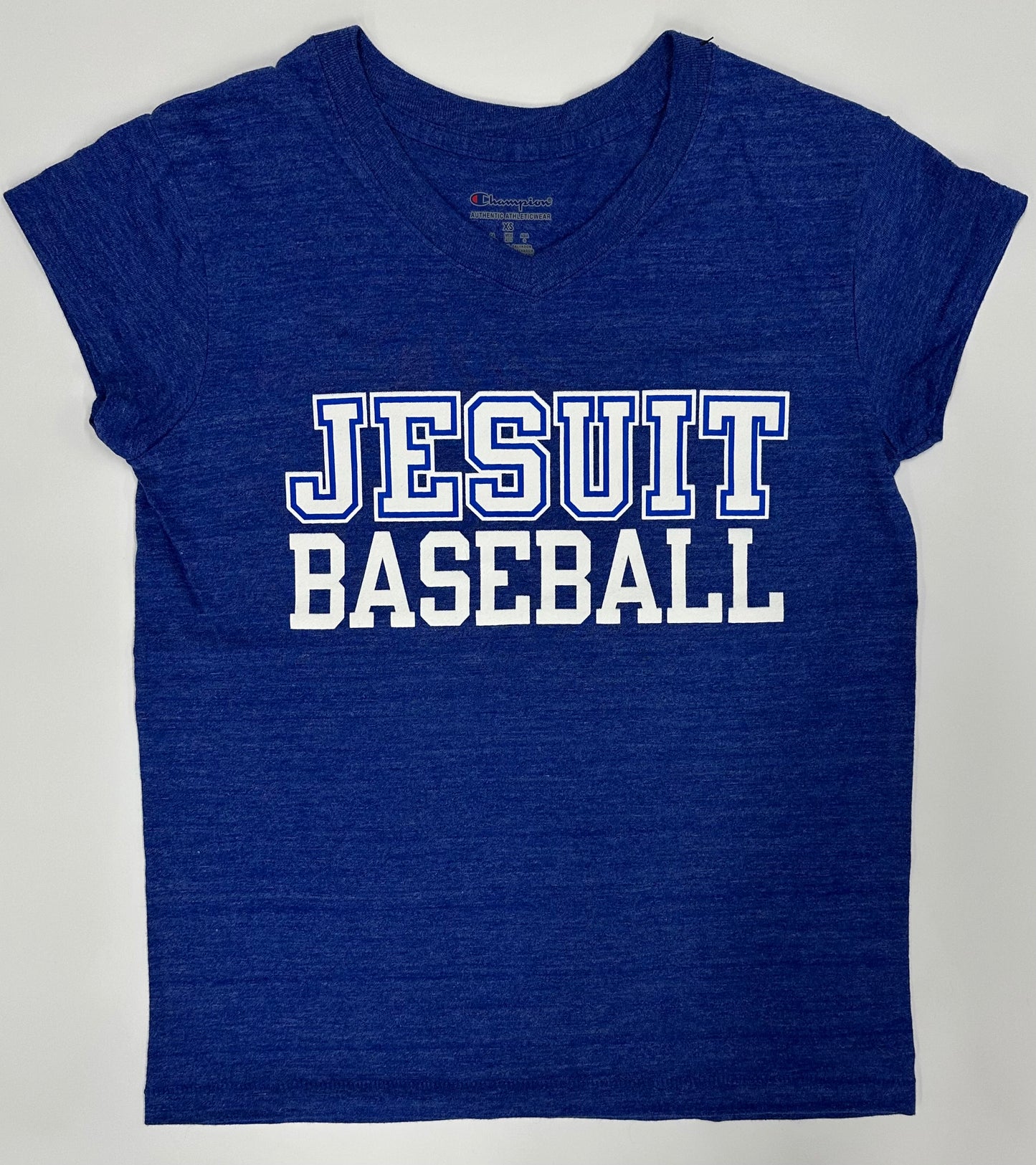 Champion.
Tri-Blend: 50% Polyester/37% Cotton/13% Rayon Jersey.
1 x 1 rib at collar.
Set in short sleeve & relaxed body.
JESUIT BASEBALL logo.