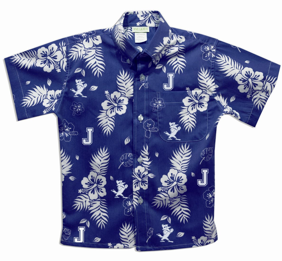 Vive La Fete. 80% Polyester/20% Cotton. Button down short sleeve shirt with a roomy fit. Classic Hawaiian print in Royal Blue & White with the J and Jayson logos!