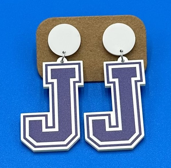 Lucite. J Drop Earrings w/comfort backs. J measures 1.5".