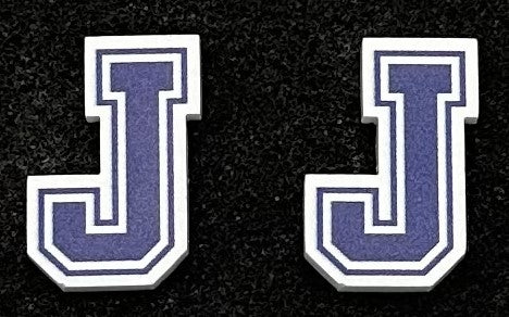 Lucite. J Stud Earrings w/comfort backs. .75" height.