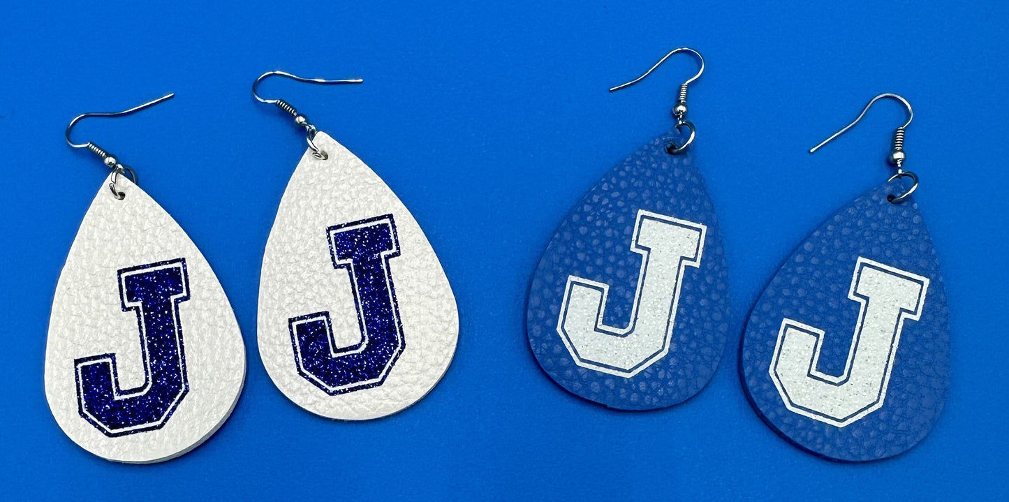 Lightweight Leather drop earrings with J logo. Available in two colors. Measures 2.25".