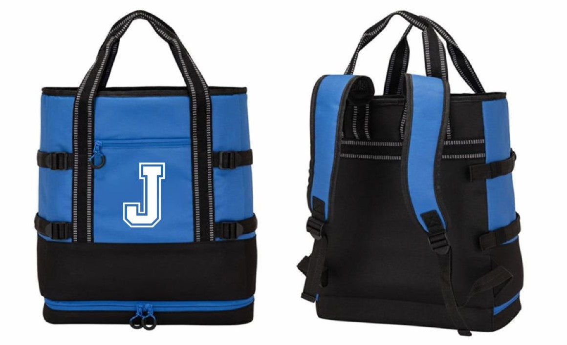Lanier. 600 Denier polyester material with PEVA lining. Measures 14 3/4"w X 16 1/2"h X 6 3/4"d. This 30-can capacity Backpack Cooler features a large main compartment with heat-sealed lining, a zippered front pocket and bottom zippered compartment. This cooler can be carried using its padded adjustable backpack straps or carry handles. Royal Blue w/Black trim and features the J logo.