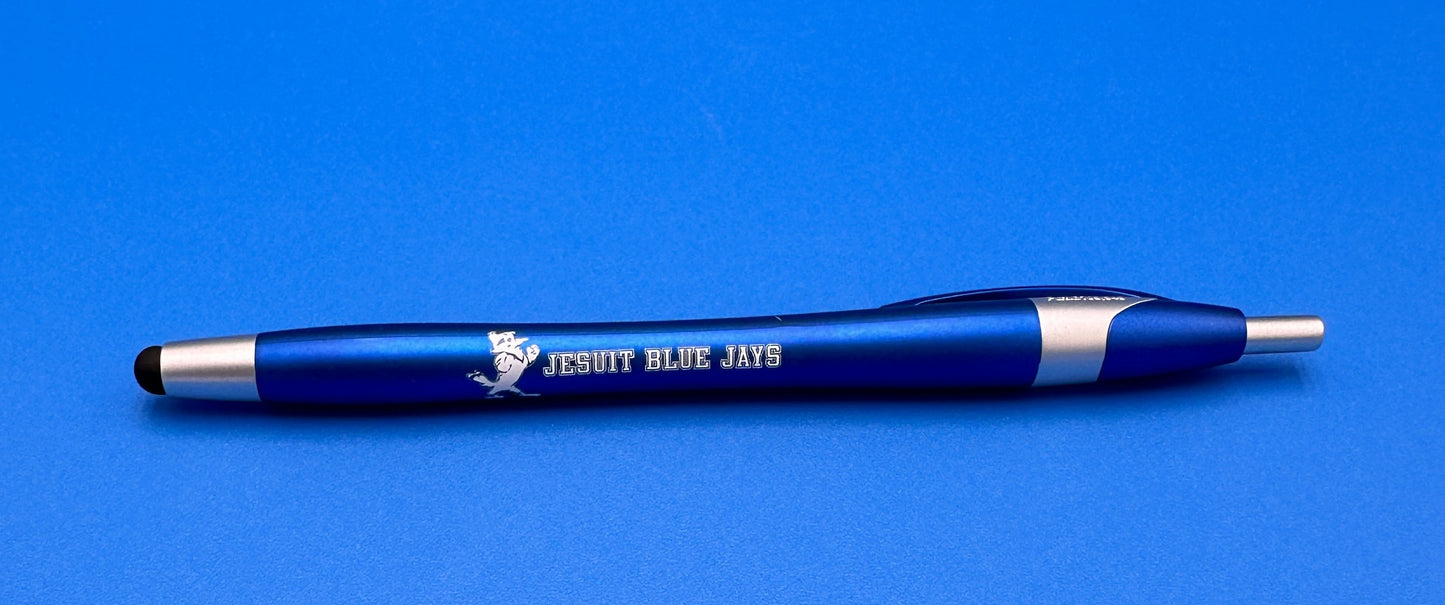 Royal Blue Pen w/Jesuit Blue Jay & Jayson logo. Has convenient stylus tip for touch pad use.