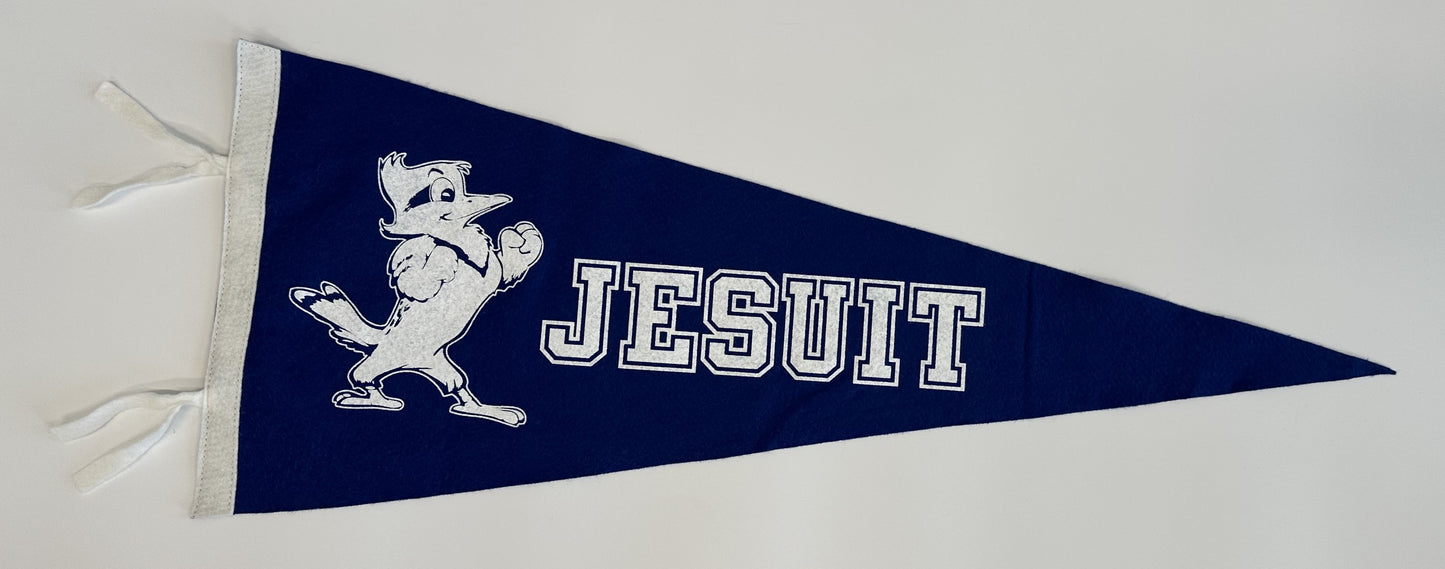 Display your Blue Jay Spirit with this Jesuit Pennant! 100% Felt. Royal Blue. Measures: 29.5" length x 11.5" widest