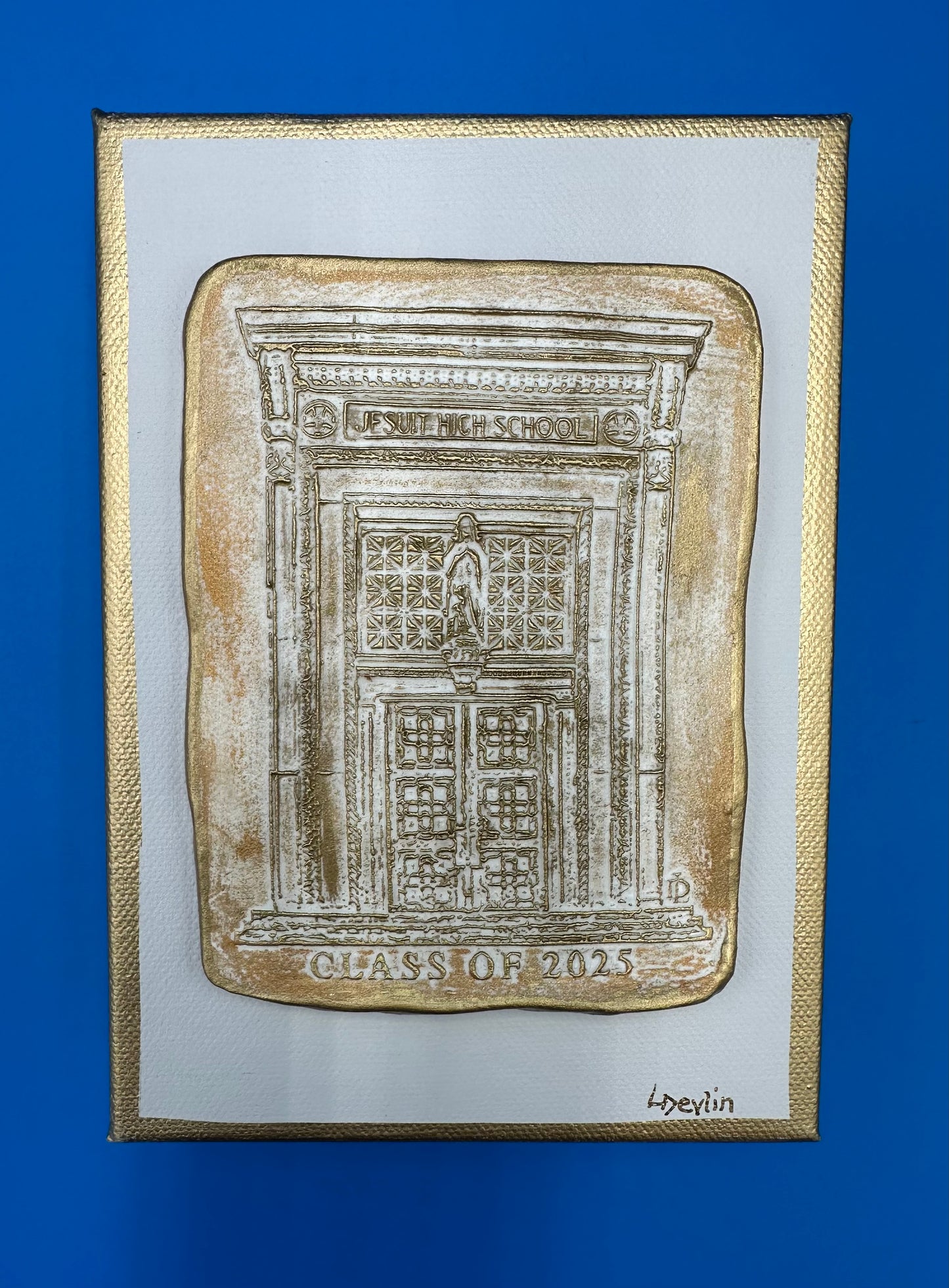 Artist Lisa Devlin
5 x 7 Framed Canvas.
Artist Lisa Devlin captured the iconic Front Doors of Jesuit High School on Carrollton & Banks. This beautiful gold stamped art prominently features 'Class of 2025" under the front doors. A great keepsake for your graduate as we approach our 100 years on Carrollton & Banks!
Order by April 25th and receive by May 9th.
Order by May 2nd and receive by May 16th.