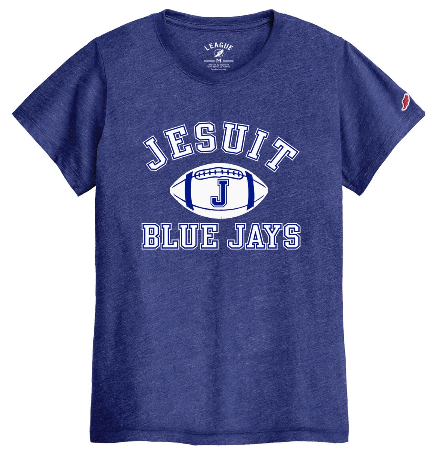eague Apparel.
50% Recycled Polyester/38% Cotton/12% Rayon.
Classic fit women's tee, crewneck, short sleeves and the fabric is a soft triblend jersey.
Jesuit Football logo.
