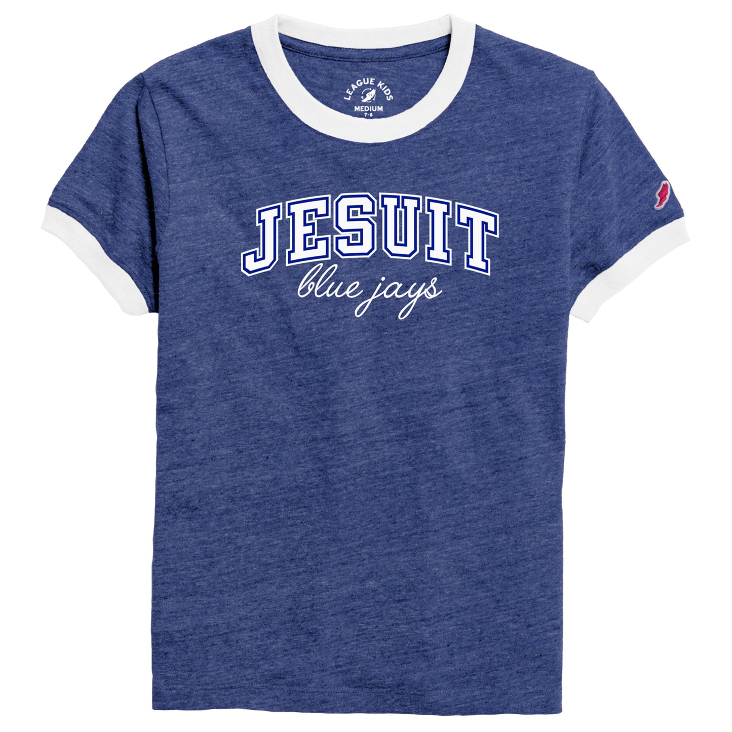 League Apparel.
50% Recycled Polyester/39% Cotton/12% Rayon.
Classic youth fit, white rib at crew neck and cuff.
Jesuit w/Blue Jays logo