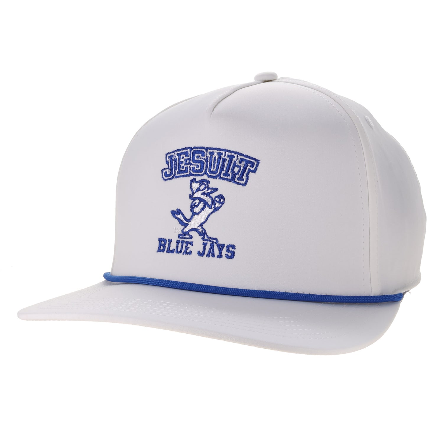 Legacy.
The White Caddy hat is designed for on and off the golf course or charter boat. It's a retro-inspired, high crown cap featuring coordinating rope, slight curve visor & snapback closure. The lightweight fabric is made from a no-sheen, moisture-wicking poly spandex with recycled fibers.
Jesuit Blue Jays w/Jayson logo.