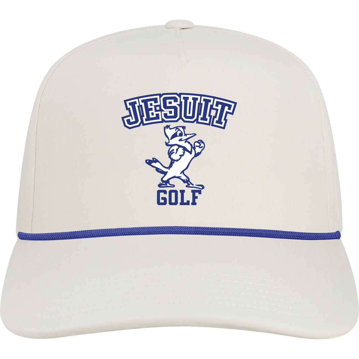 Legacy.
The White Caddy hat is designed for on and off the golf course or charter boat. It's a retro-inspired, high crown cap featuring coordinating rope, slight curve visor & snapback closure. The lightweight fabric is made from a no-sheen, moisture-wicking poly spandex with recycled fibers.
Jesuit Blue Jays w/Jayson & Golf logo