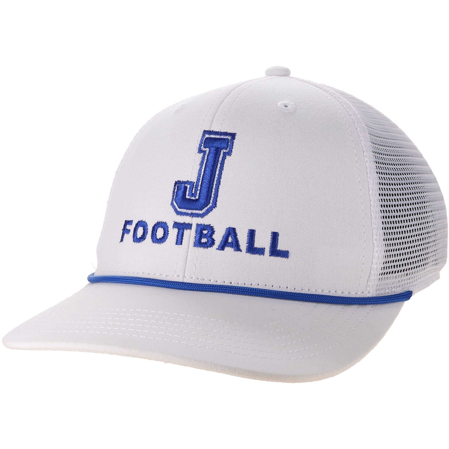 Legacy.
Mid-Pro Snapback White w/Royal rope Trucker Hat.
100% fine gauge cotton canvas. 6-panel mid-profile structured fit. Slight curve brim. Moisture-wicking sweatband. Breathable mesh with snapback closure.
J Football logo.