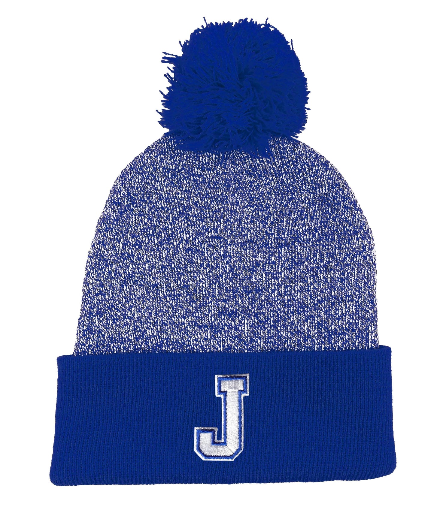 Logo Fit. 100% Acrylic. Hand wash & dry flat. Marled yarn body w/solid royal blue cuff and pom hat. One Size Fits Most. J logo.
