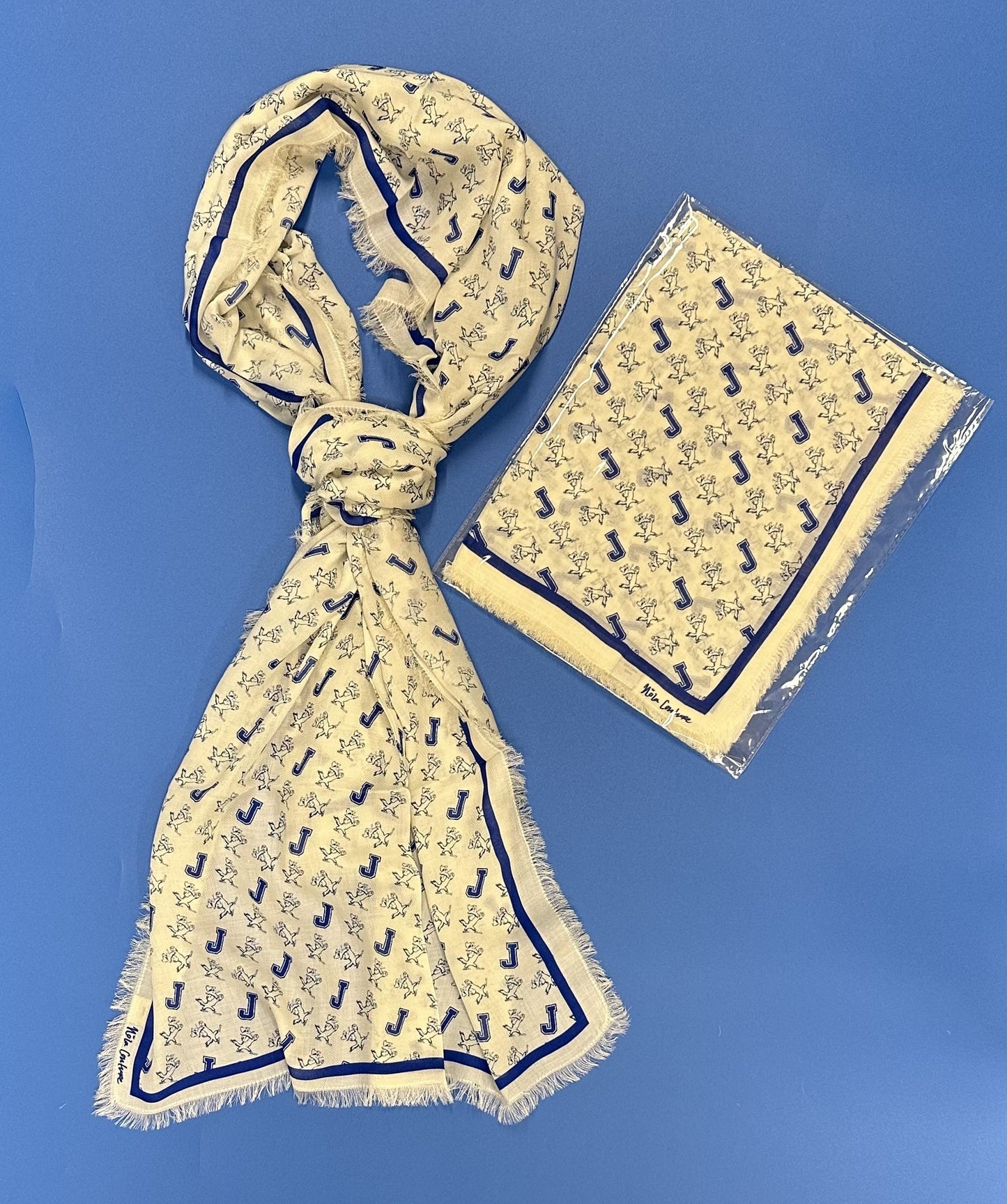 NOLA Couture. Measures 70" long x 23" wide. Cashmere/Modal Blend. J and Jayson all over design. Winter white with Royal Blue trim.