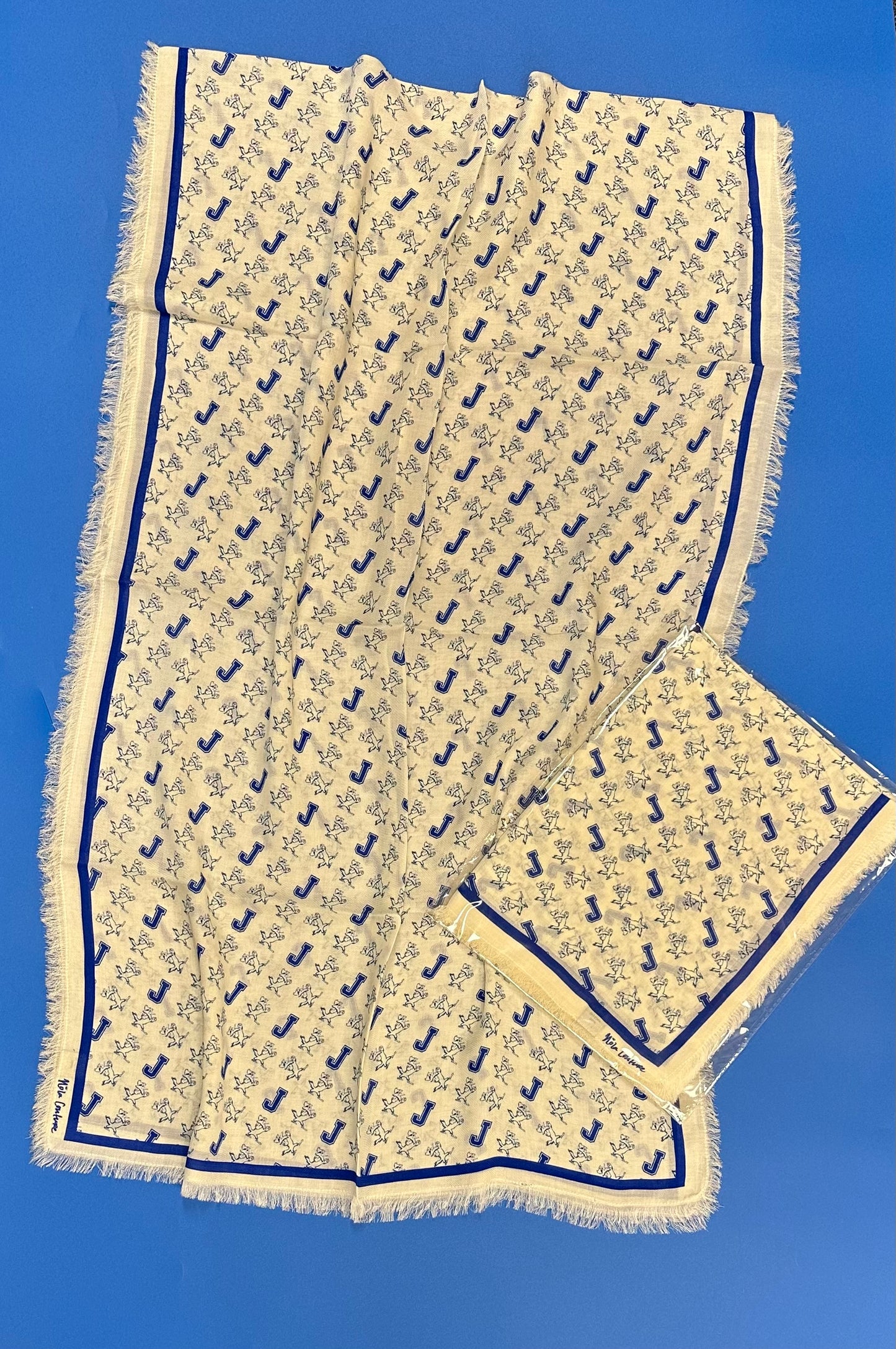 NOLA Couture. Measures 70" long x 23" wide. Cashmere/Modal Blend. J and Jayson all over design.Winter white with Royal Blue trim.
