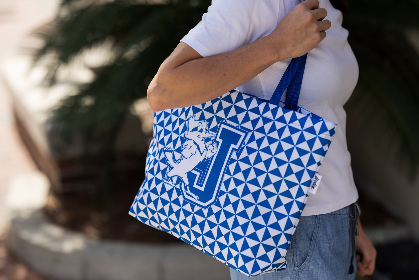 Desden. 100% Polyester (900 denier fabric). Size 18" x 13" x 4". Features woven handles and roomy interior. Royal Blue & White. Features Jayson/J logo on both sides.
