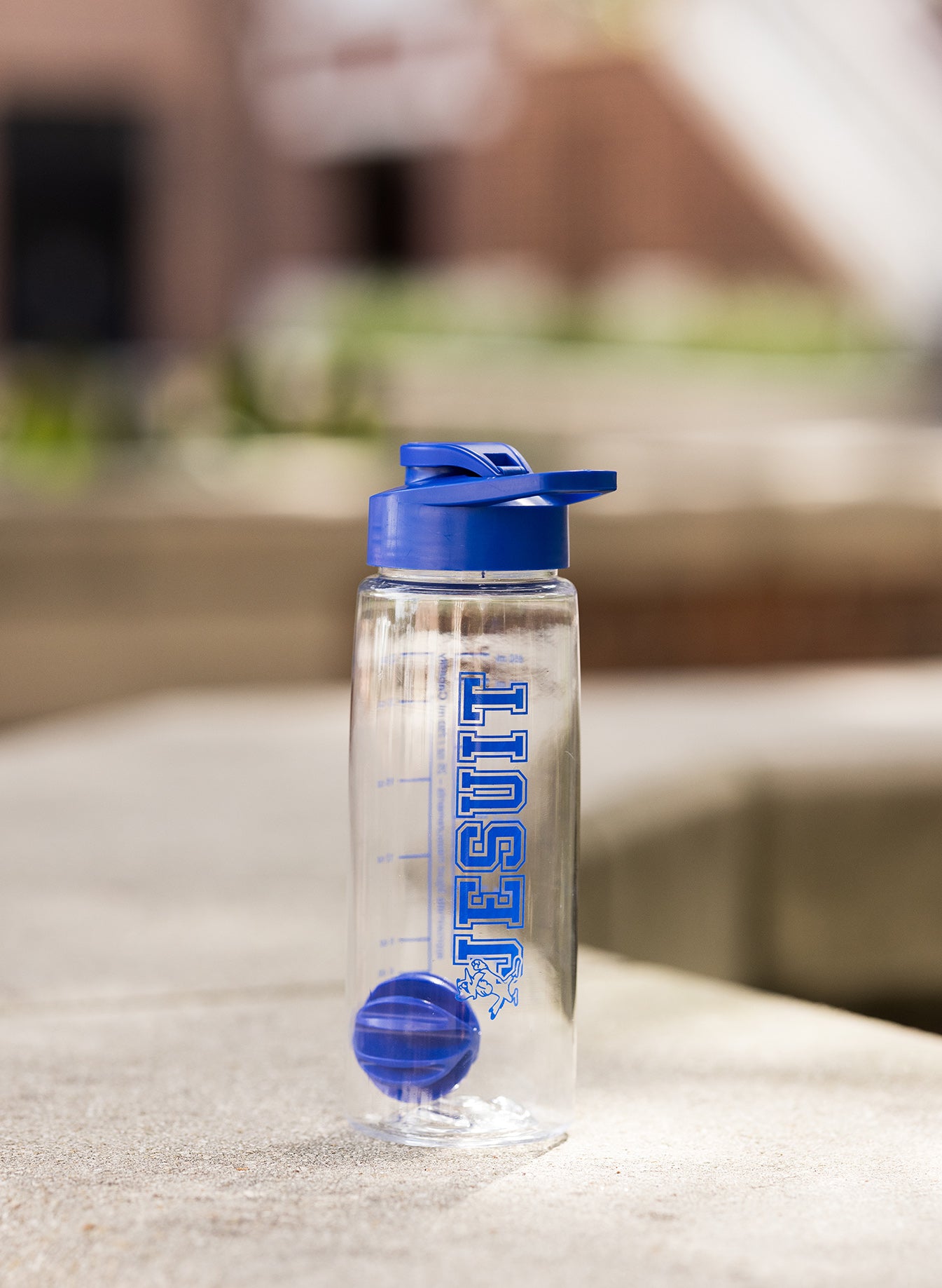 Clear Shaker/Blender bottle w/royal blue screw on lid, flip top and carry loop. Includes mixing ball. Fluid measurements are printed on the bottle. 22 fluid oz.