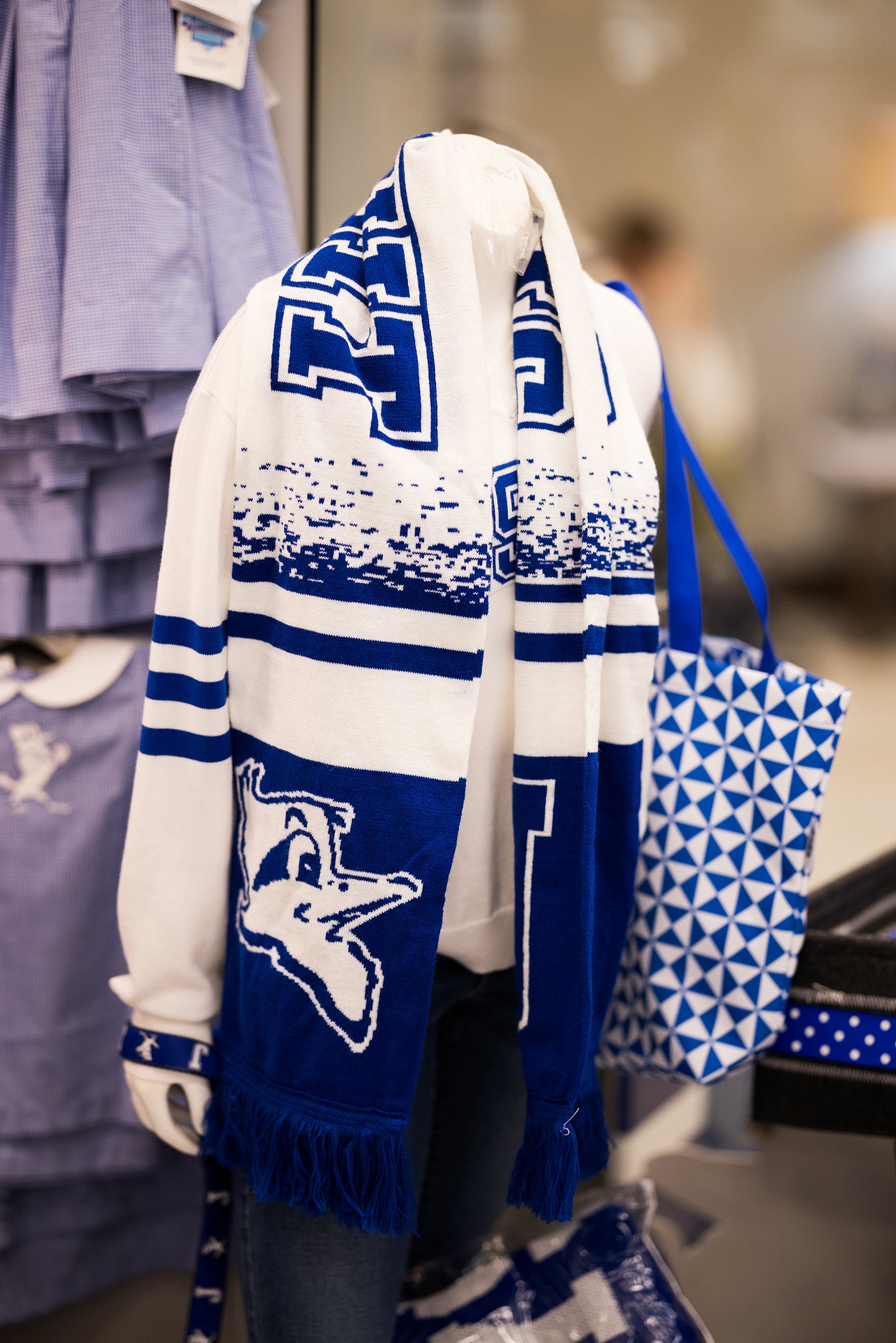Logo Products. 100% Acrylic. Royal Blue & White. Measures 59" length by 8" width w/fringe. Both sides feature Jesuit w/Jayson logo. Ideal for all Blue Jay fans wherever you're cheering!