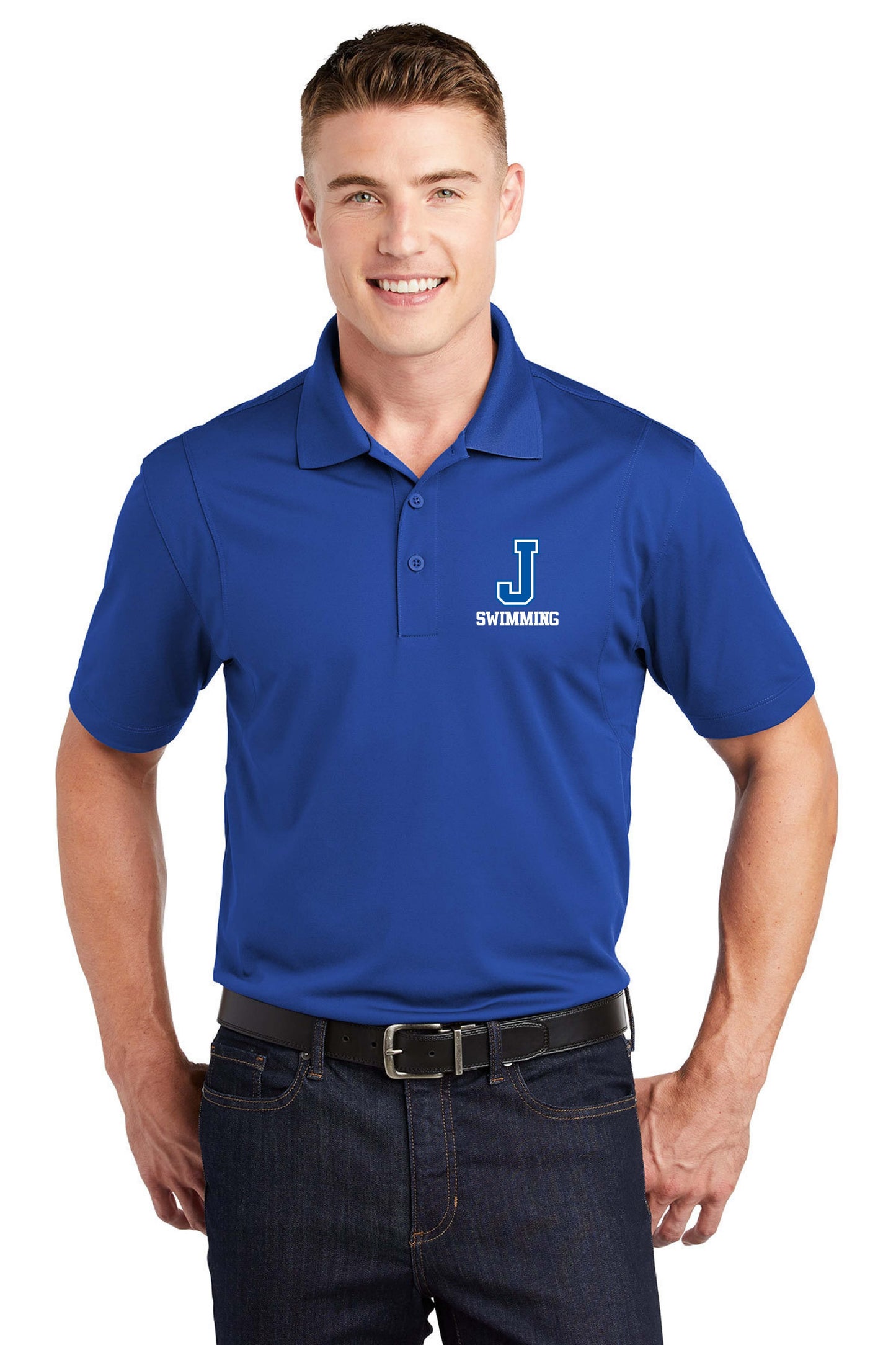 Sport-Tek.
100% Polyester tricot.
Snag resistant, moisture wicking. Flat knit collar. Set-in sleeves with open hem sleeves & side vents.
J Swimming logo.