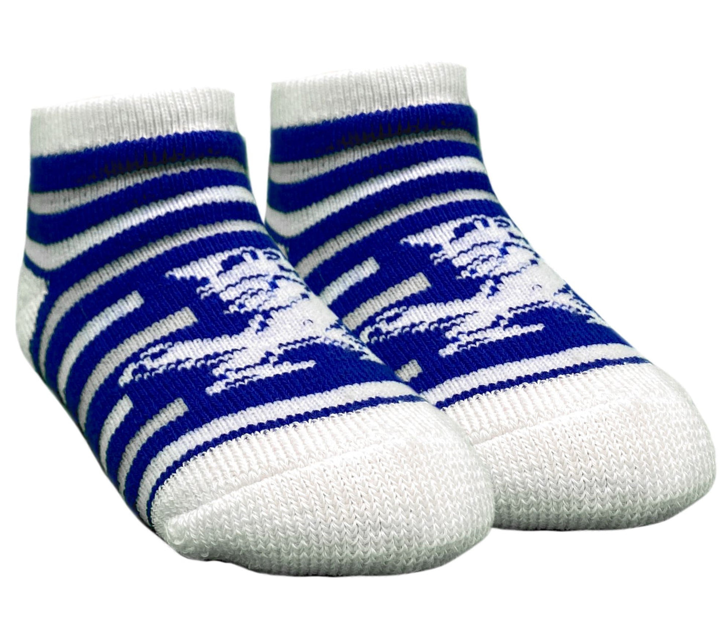 TCK Sock Collection. 97% Polyester/3% Spandex. These booties have breathe-able construction, a form-fit band on top and a padded sole & toe-box. Available in 2 sizes - Infant (6-18 month) & Toddler (2-4T). Features our Fighting Blue Jay, Jayson!