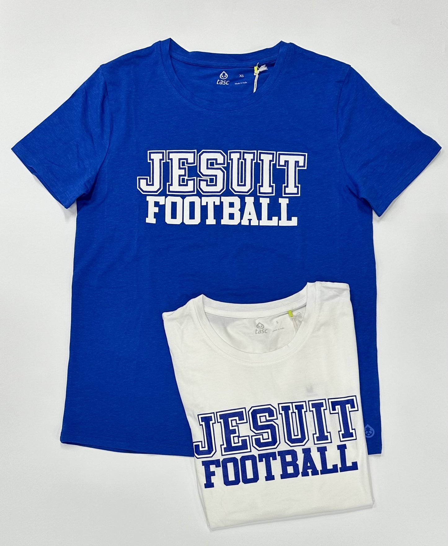 Tasc Performance. 52% Cotton/43% Viscose from Bamboo/5% Lycra. Self-collar with scalloped bottom hem. Approximately 24.5 inches body length. Machine washable/Tumble dry low. Made with lightweight, breathable, moisture-wicking bamboo fabrication. Jesuit FOOTBALL screenprint logo.