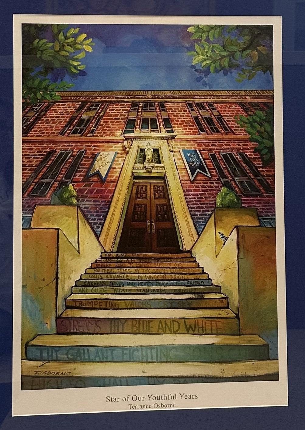 Artist: Terrance Osborne
Print only measures 18 inches wide x 25 3/4 inches tall.
Terrance Osborne is a New Orleans artist who creates colorful prints. His 'Star of Our Youthful Years' features Jesuit's iconic front doors on Carrollton and Banks.