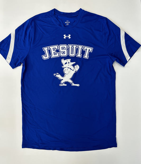 Under Armour. Gameday Collection.  100% Polyester Mesh.    Fabric is quick drying.  Moisture transport system wicks sweat & dries fast.  Jesuit with Jayson logo.