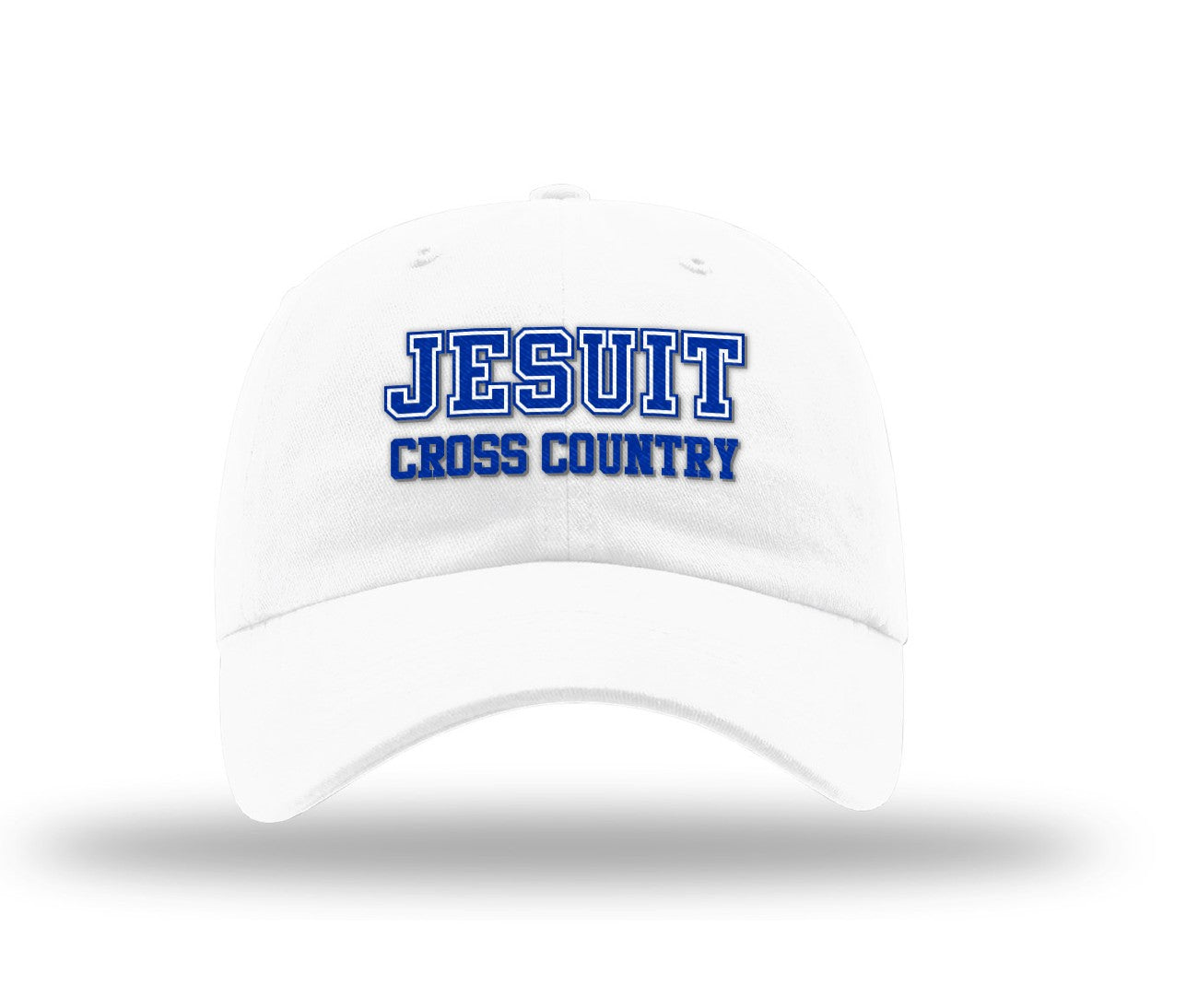 Richardson.
100% Cotton WHITE Garment Washed Twill.
Adjustable Cloth Backstrap. Relaxed Shape. Precurved. Cotton Sweatband.
Jesuit Cross Country logo.