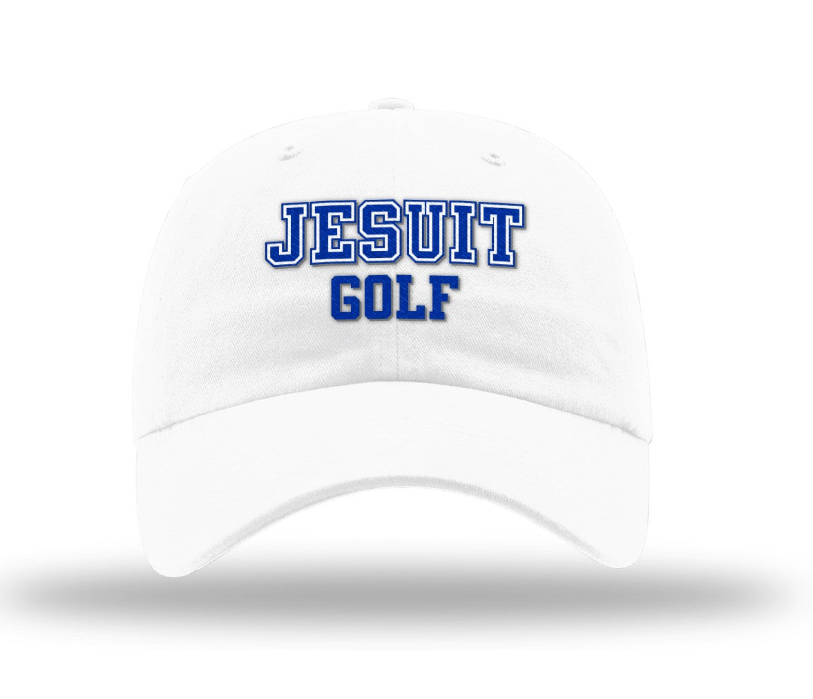 Richardson.
100% Cotton WHITE Garment Washed Twill.
Adjustable Cloth Backstrap. Relaxed Shape. Precurved. Cotton Sweatband.
Jesuit Golf logo.