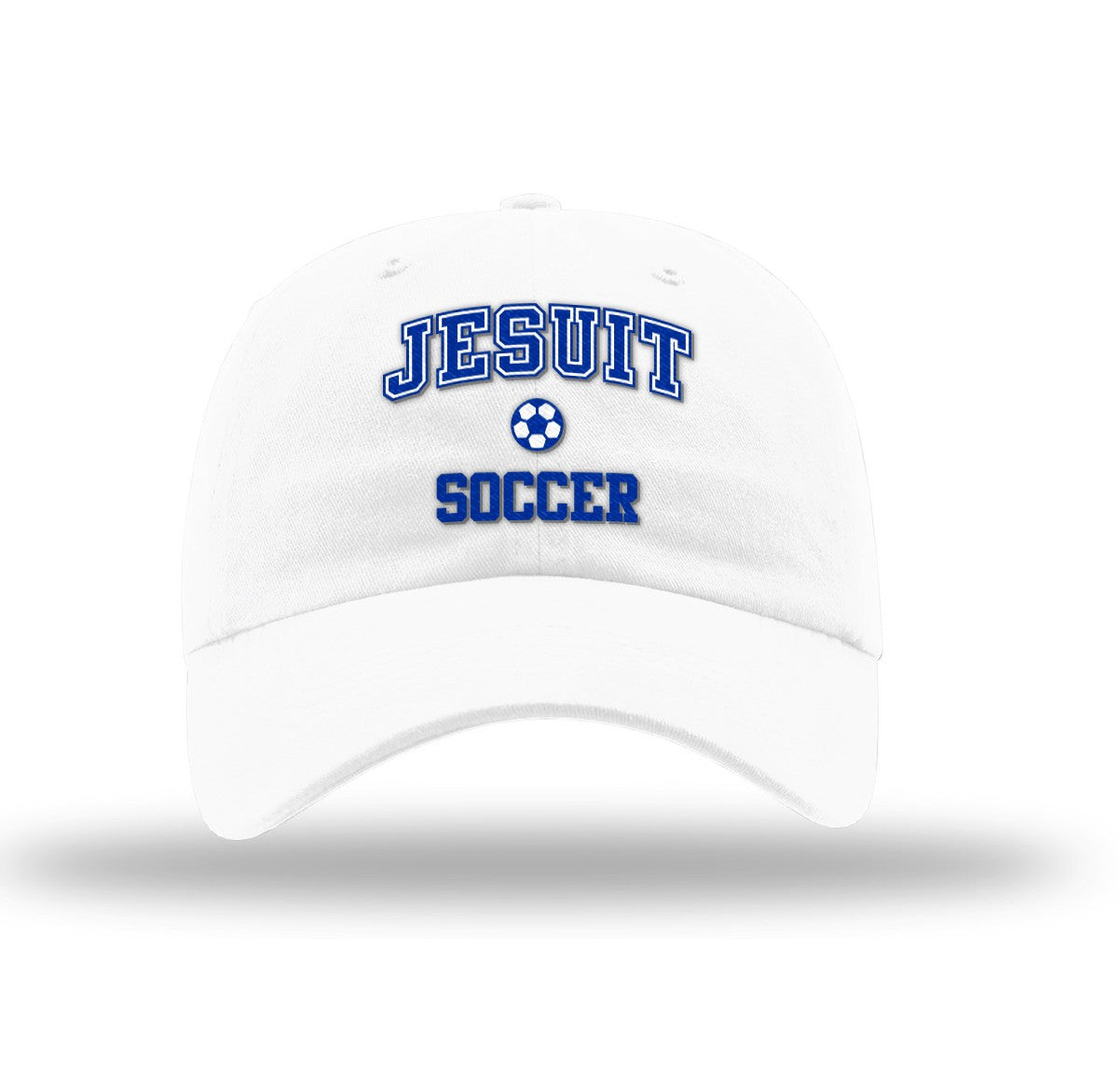 Richardson.
100% Cotton WHITE Garment Washed Twill.
Adjustable Cloth Backstrap. Relaxed Shape. Precurved. Cotton Sweatband.
Jesuit Soccer logo.