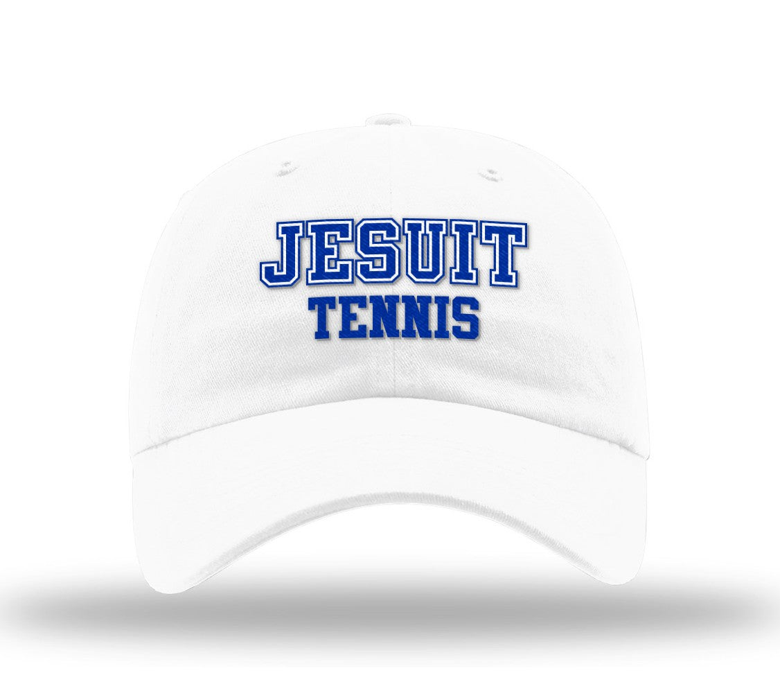 Richardson.
100% Cotton WHITE Garment Washed Twill.
Adjustable Cloth Backstrap. Relaxed Shape. Precurved. Cotton Sweatband.
Jesuit Tennis logo.