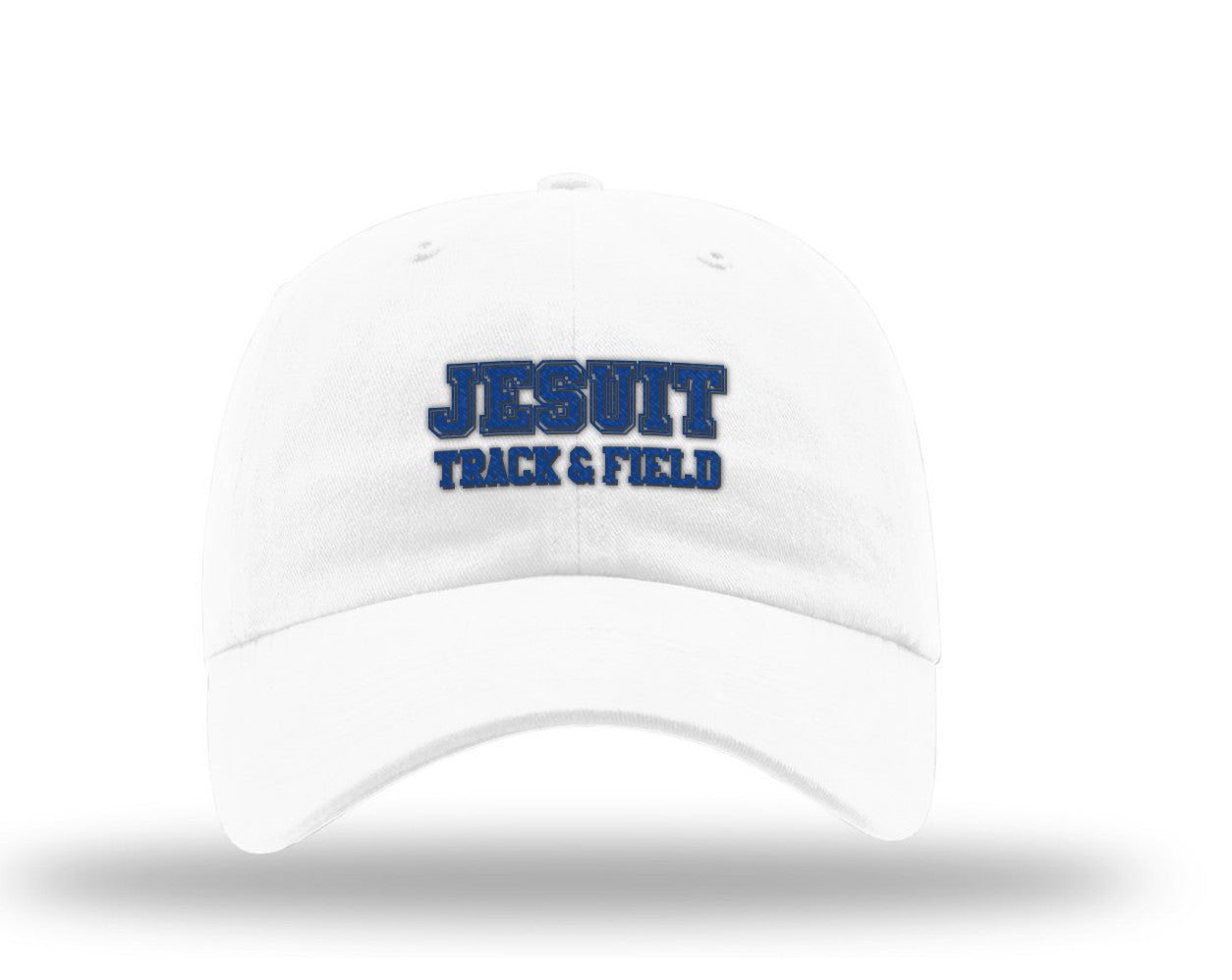 Richardson.
100% Cotton WHITE Garment Washed Twill.
Adjustable Cloth Backstrap.Relaxed Shape. Precurved. Cotton Sweatband.
Jesuit Track & Field logo.